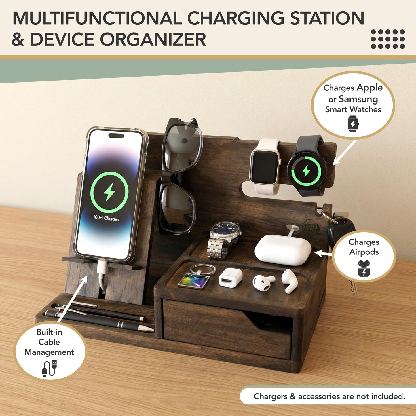 EcoLeafy Dot Nightstand Organizer- Phone Docking Station for Men- Unique Gifts for Husband, Father or Dad from Wife, Son or Daughter- Desk Organizer for Cellphone, Watches, Wallet and Key (Rustic)