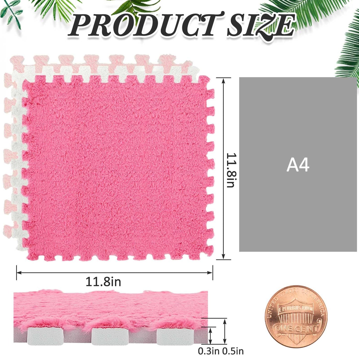 Amylove 72 Pieces Plush Foam Floor Mat Square Interlocking Carpet Tiles with Border 12 x 12 x 0.4 in Fluffy Play Mat Floor Tiles Soft Climbing Area Rugs for Home Playroom(White, Pink, Rose Red)