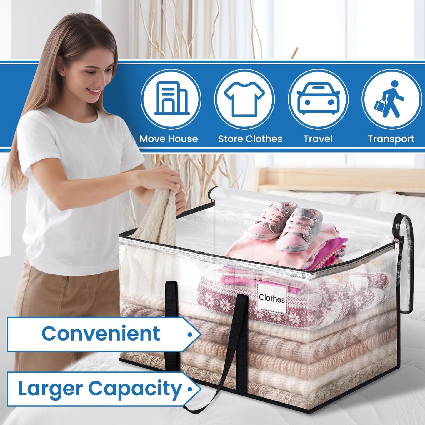 RoomHacks Heavy Duty Clear Moving Bags with Reinforced Handle and Double Zipper, Storage Totes, Packing Bags Alternative to Moving Essential and Supplies Box, Clear, Large, 6 Packs