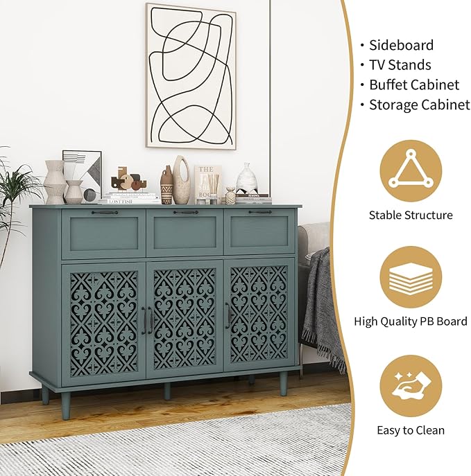 Sideboard Buffet Cabinet with Storage - Accent Storage Cabinet with Carved Pattern, Modern 3 Door 3 Drawer Cabinet, Farmhouse Wood Credenza for Living Room, Dining Room (Green)