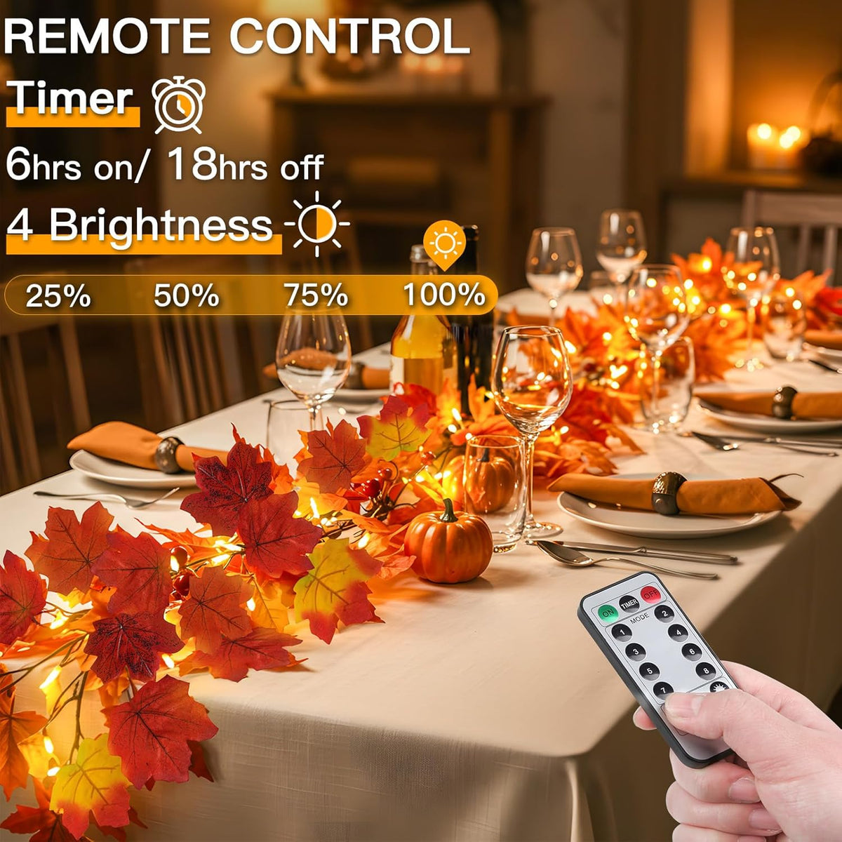 suddus Fall Garland with Lights Battery Operated, 20 LED Lighted Orange Fall Leaf Garland, Fairy String Lights with Remote for Thanksgiving, Table, Mantle, Office, Porch, Halloween, Home Decoration