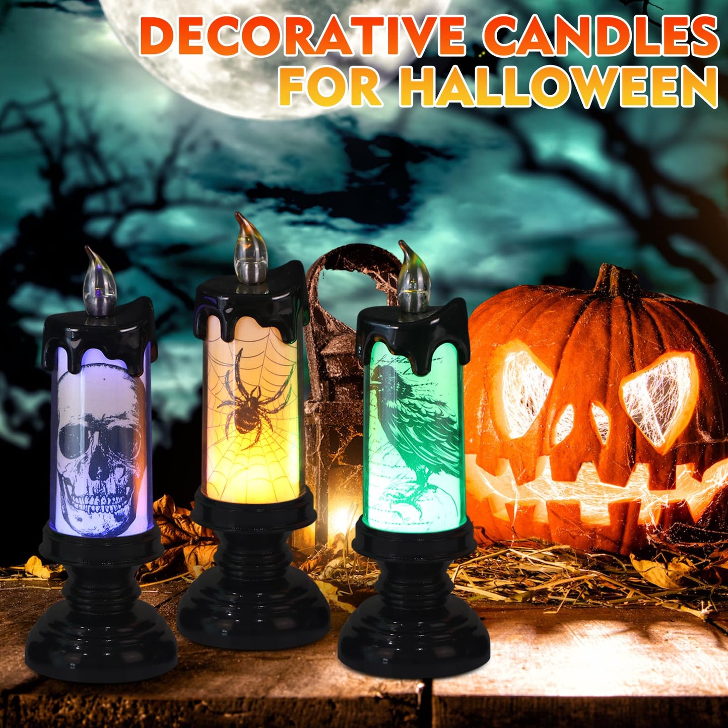 GenSwin Halloween Black Flameless Candles Light, 3 Pack LED Battery Operated Candles with Remote Timer, Table Centerpiece for Halloween Decorations(Skulls, Spiders, Crows)