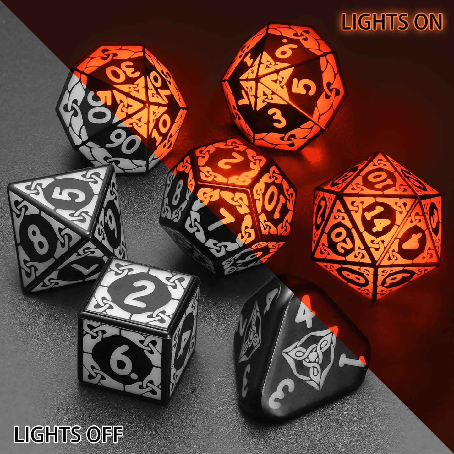 LED Dice Set for DND - Magical Glow Light Up Dice, Rechargeable Polyhedral Dice, Wireless Charging Case & Full 7-Die Set, for D and D RPG Games (Orange)