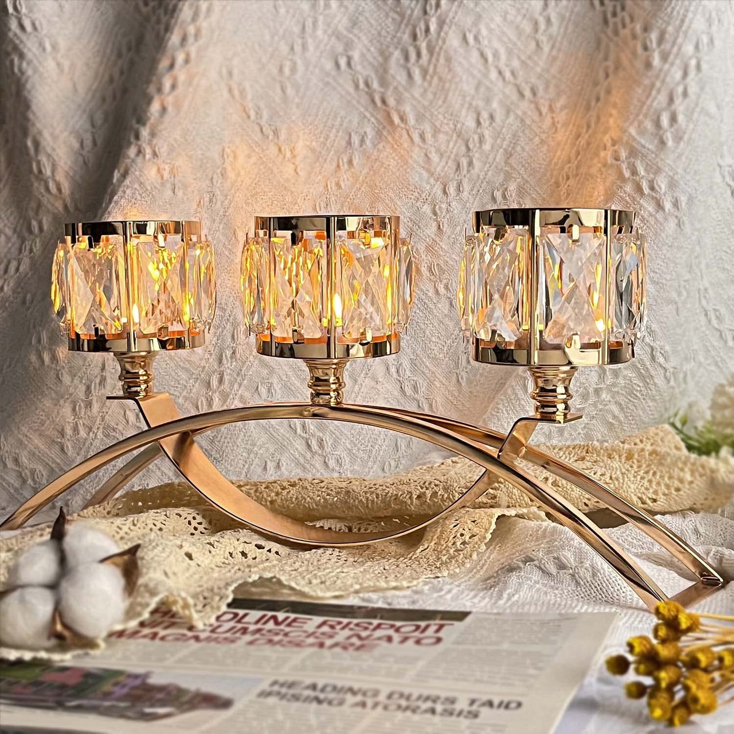 KEHAIL 3 Arms Crystal Candle Holders, Arch Candlestick Table Candelabras Centerpieces for Wedding, Dinning Room, Cabinet Ornaments, Home Decoration， Gift (3-arm Arched, Gold)