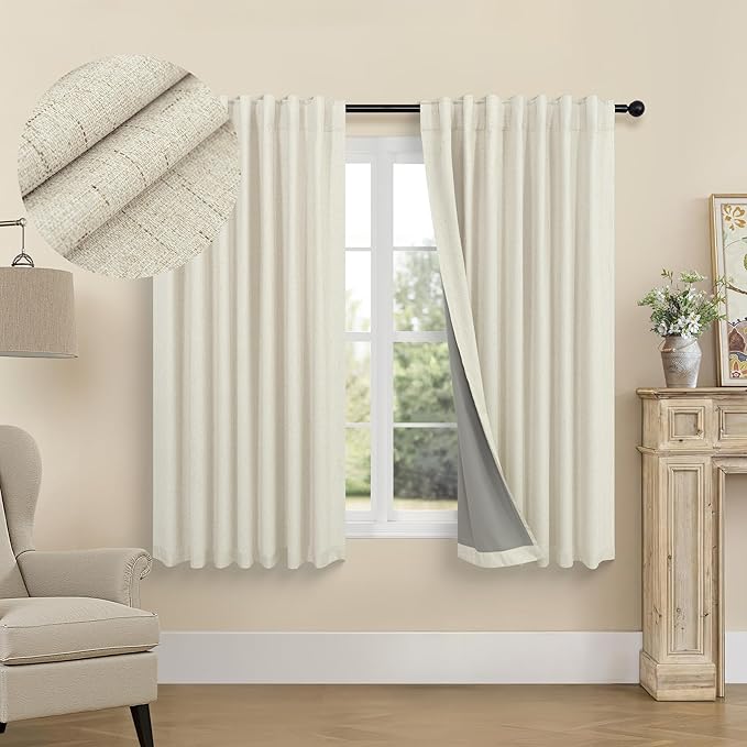 Short Linen Blackout Curtains for Bay Windows 48 Inch Length Bedroom Living Room Bathroom Heat Light Blocking Cute Curtains 48 Inches Long 2 Panels Set Burlap Drapes 52x48 Back Tab & Rod Pocket Beige