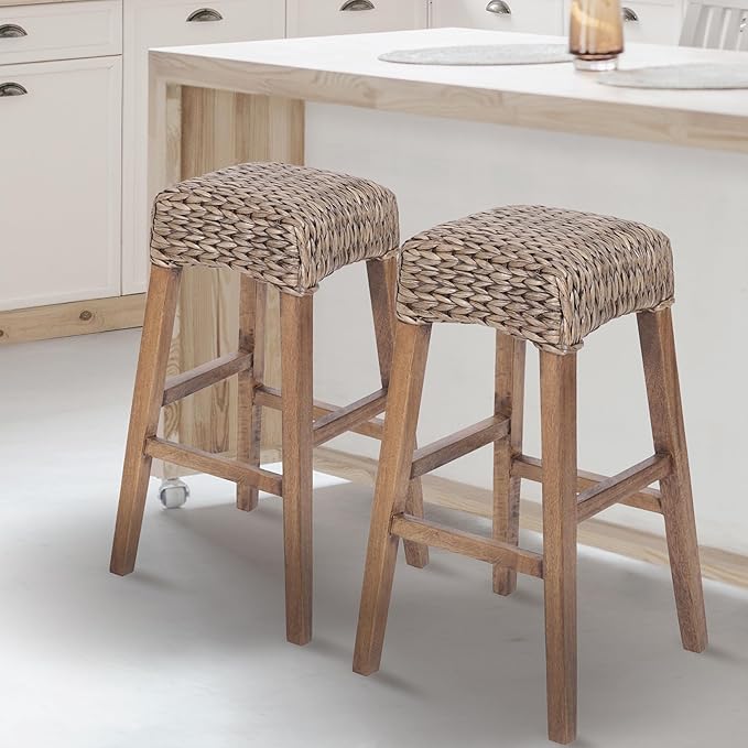 JONATHAN Y BSL1101A Maui 29.5" Rustic Bohemian Hyacinth/Wood Backless Bar Stool for Home, Kitchen, Dining Room, Workspaces, Cafes and Resturants, Brown Wash Woven Seat with Natural Wood Frame