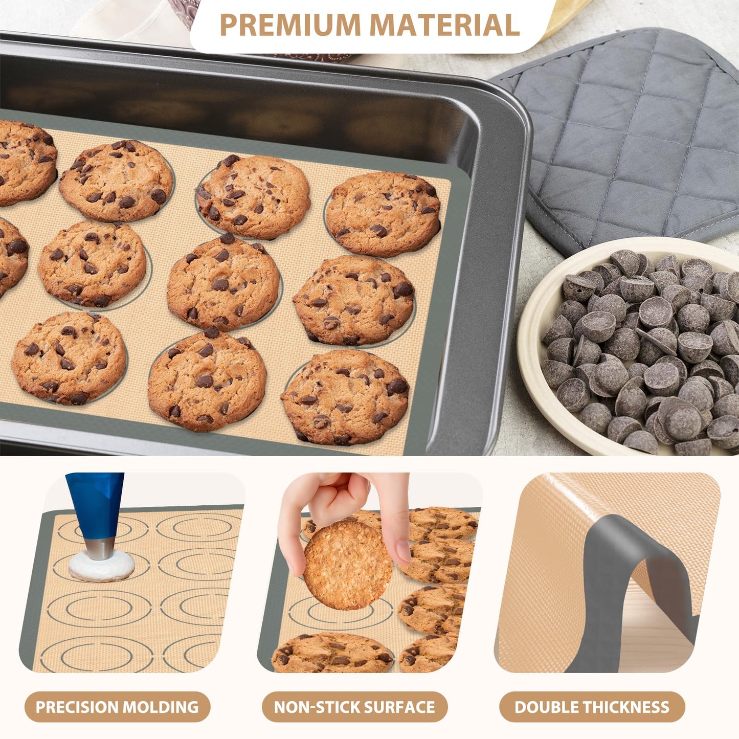 Silicone Baking Mat Set of 6, Nonstick Pastry Mat, Reusable Macaron Silicone Baking Mats & Round Pizza Mat, Cookie Baking Supplies for Macaroons, Pizza