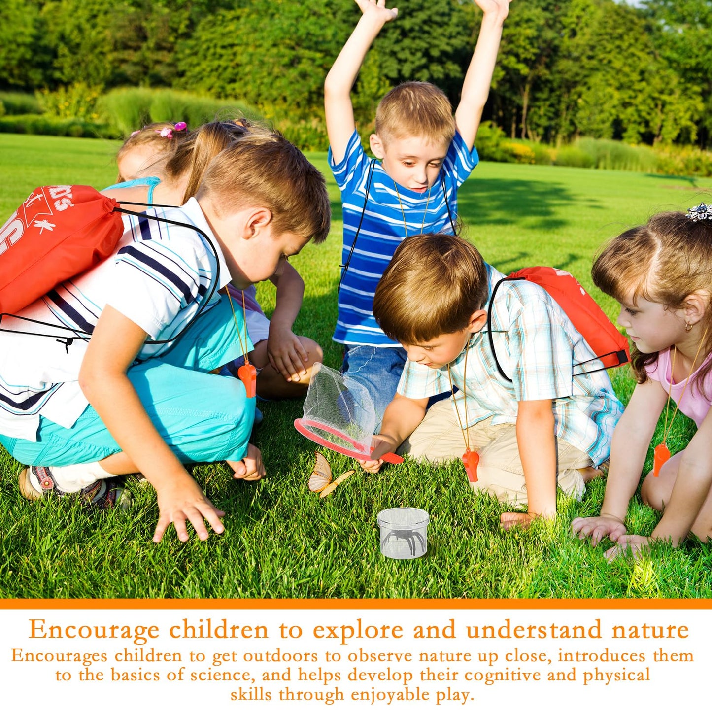Silipull Bug Catching Kit for Kid Outdoor Explorer Kit Include Catching Scissor Tong Tweezer Clamp Bug Cage Whistle Insect Net Drawstring Bag for Boy Girl Educational Adventure Hunting (Orange,48 Pcs)