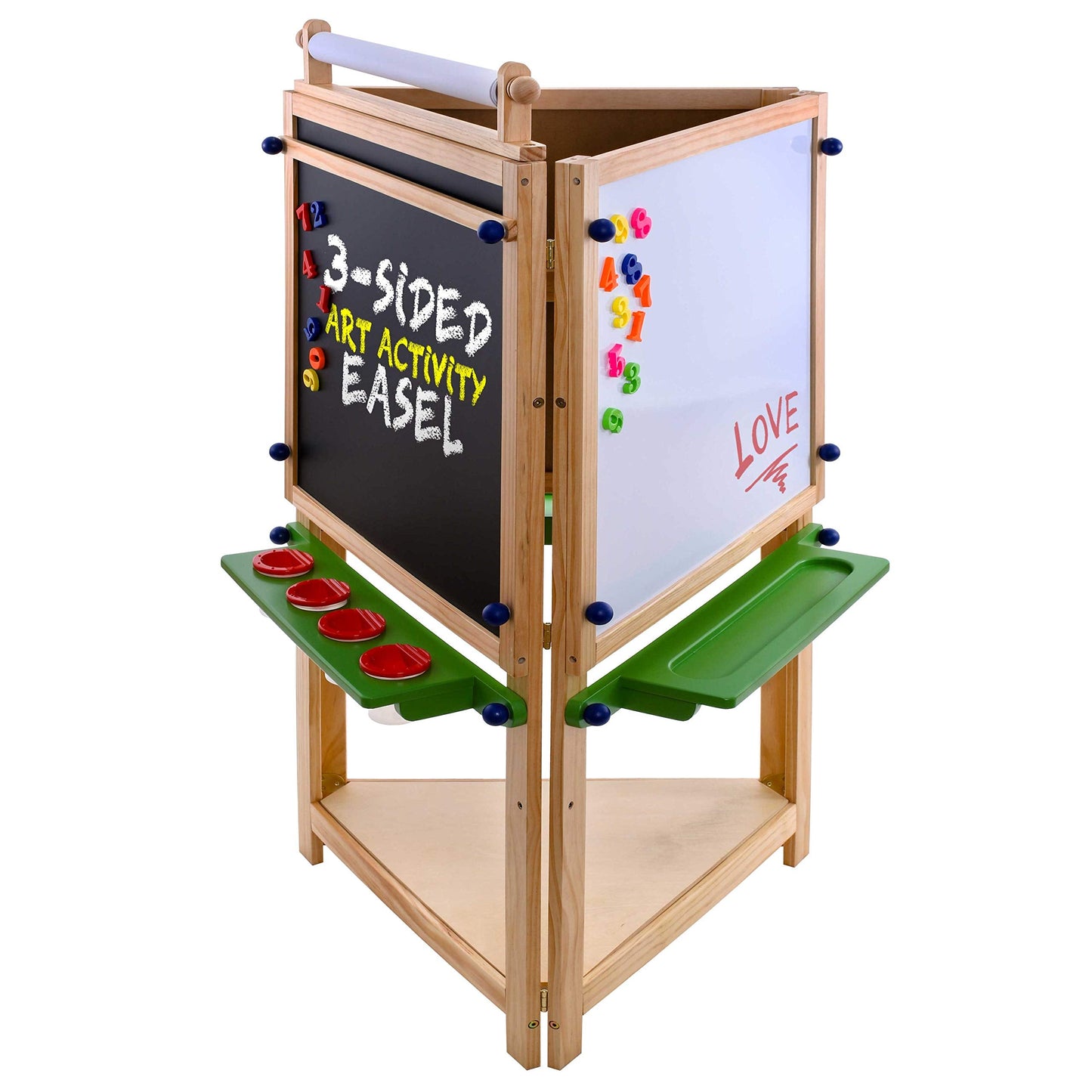 U.S. Art Supply Three Sided Art Station, Wooden Activity Easel with Paper Roll & Shelf - Easel for Drawing, Magnetic Whiteboard, Chalkboard Artist Station & Plastic Paint Cups