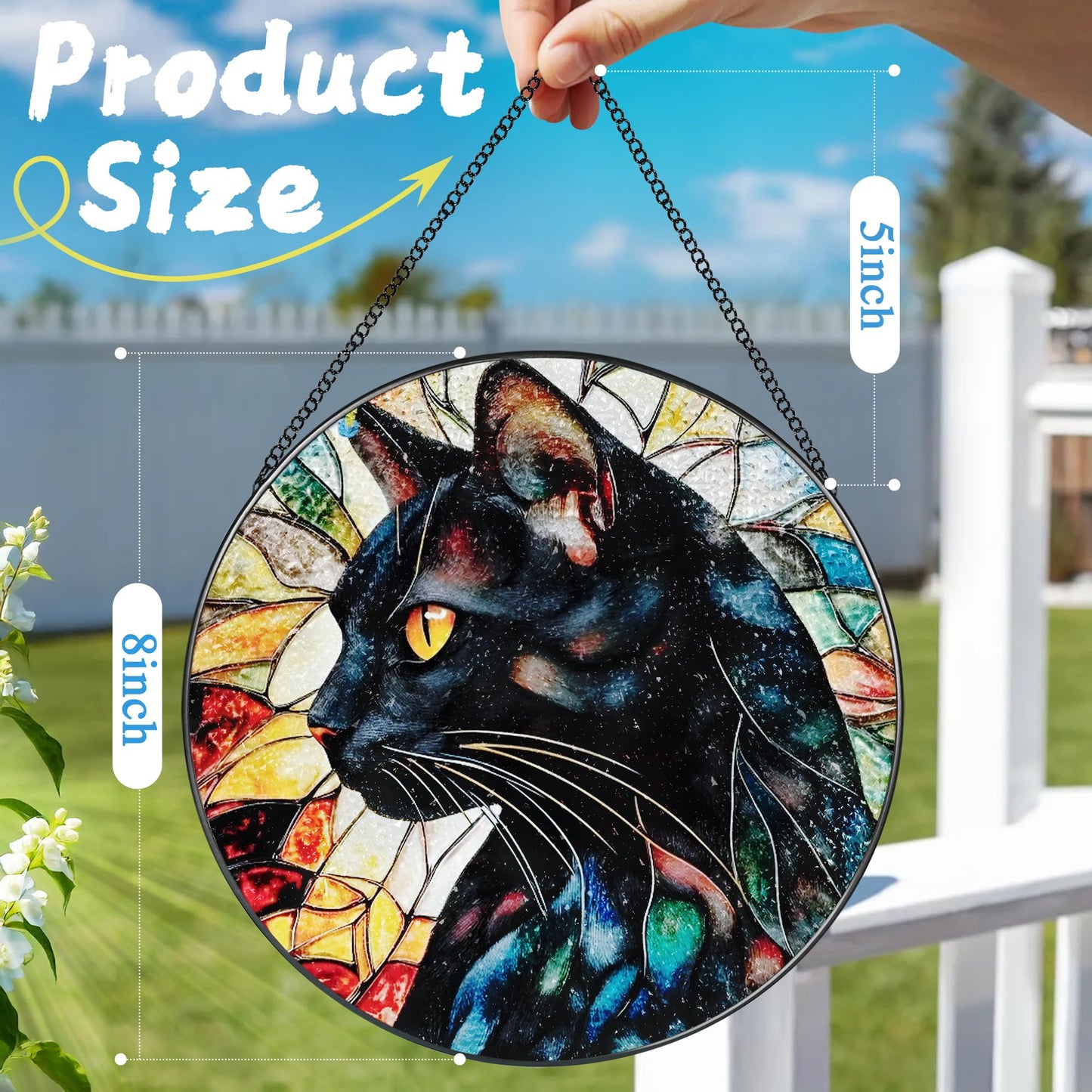 DOUHASU 8″ Stained Glass Window Hanging Ornament, Black Cat Stained Glass Suncatcher Ornament, Sun-Catcher Window Decor | Gifts for Cat Lovers, Pet Lover Gift