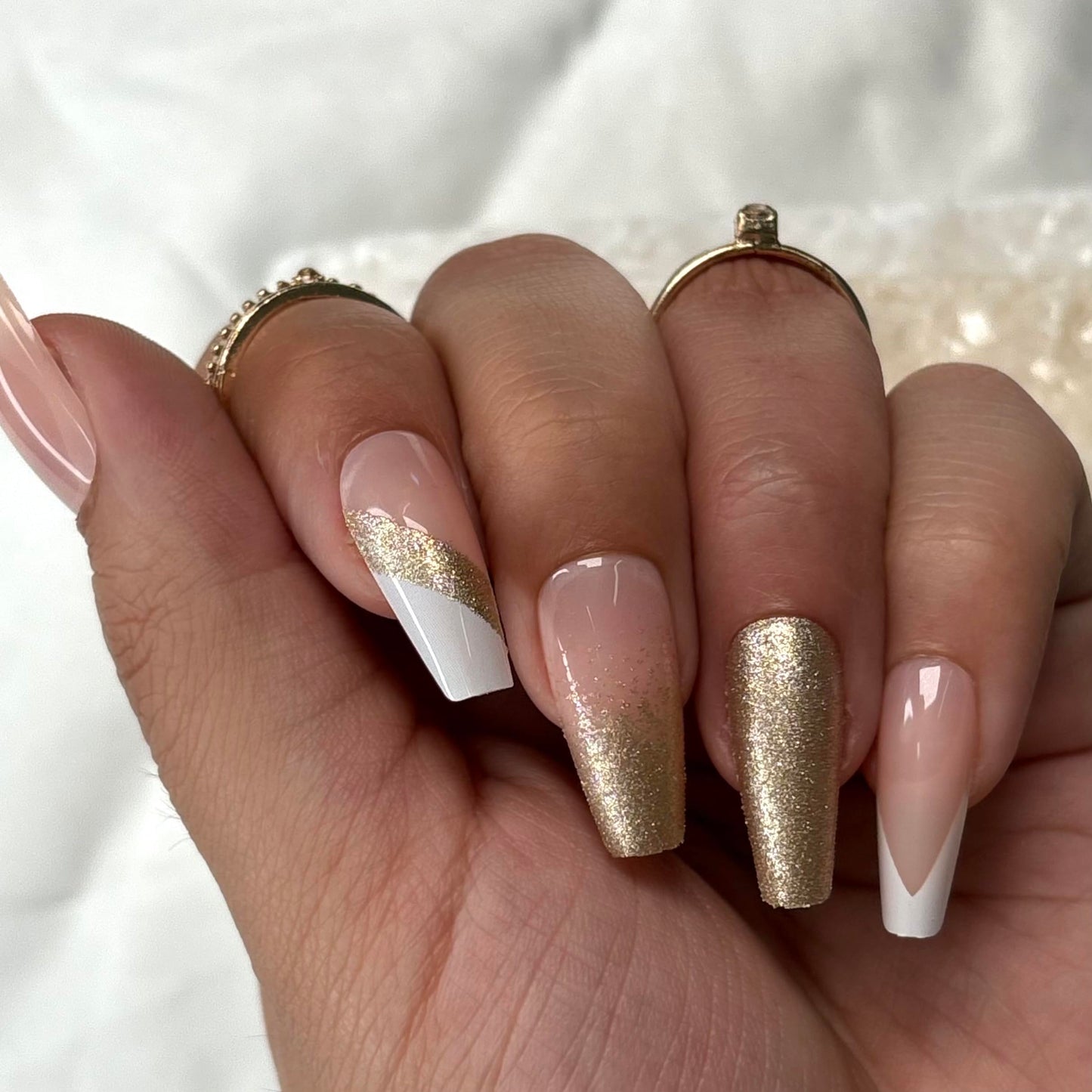 GLAM GODDESS Press-On nails by Lavaa Beauty | White & Gold Design | Glossy Long Coffin Nails