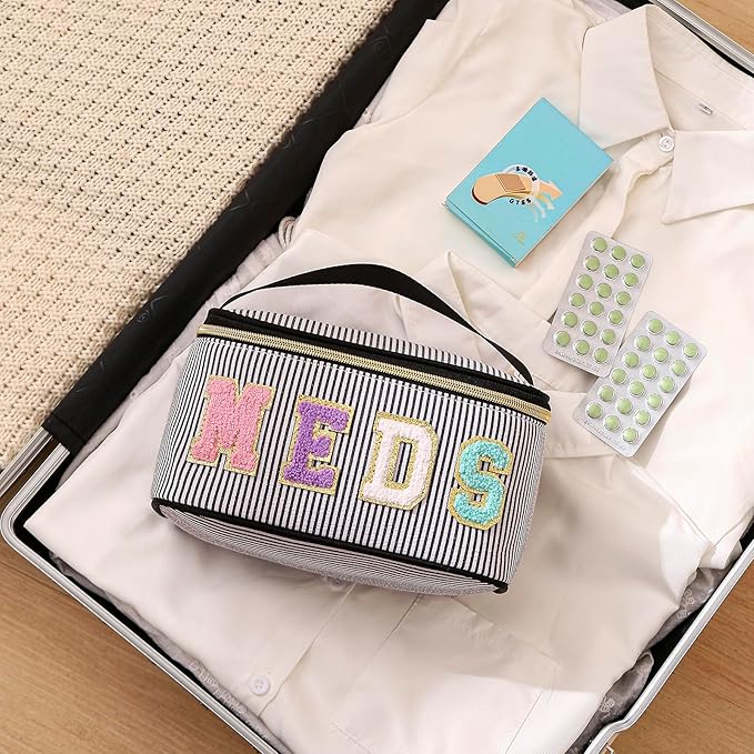 Chenille Letter MEDS Makeup Bag,Large Size Striped Medicine RX Cosmetic Bag with Top Handle, Aesthetic Seersucker First Aid Travel Organizer Bag for Women Girls(04Black)
