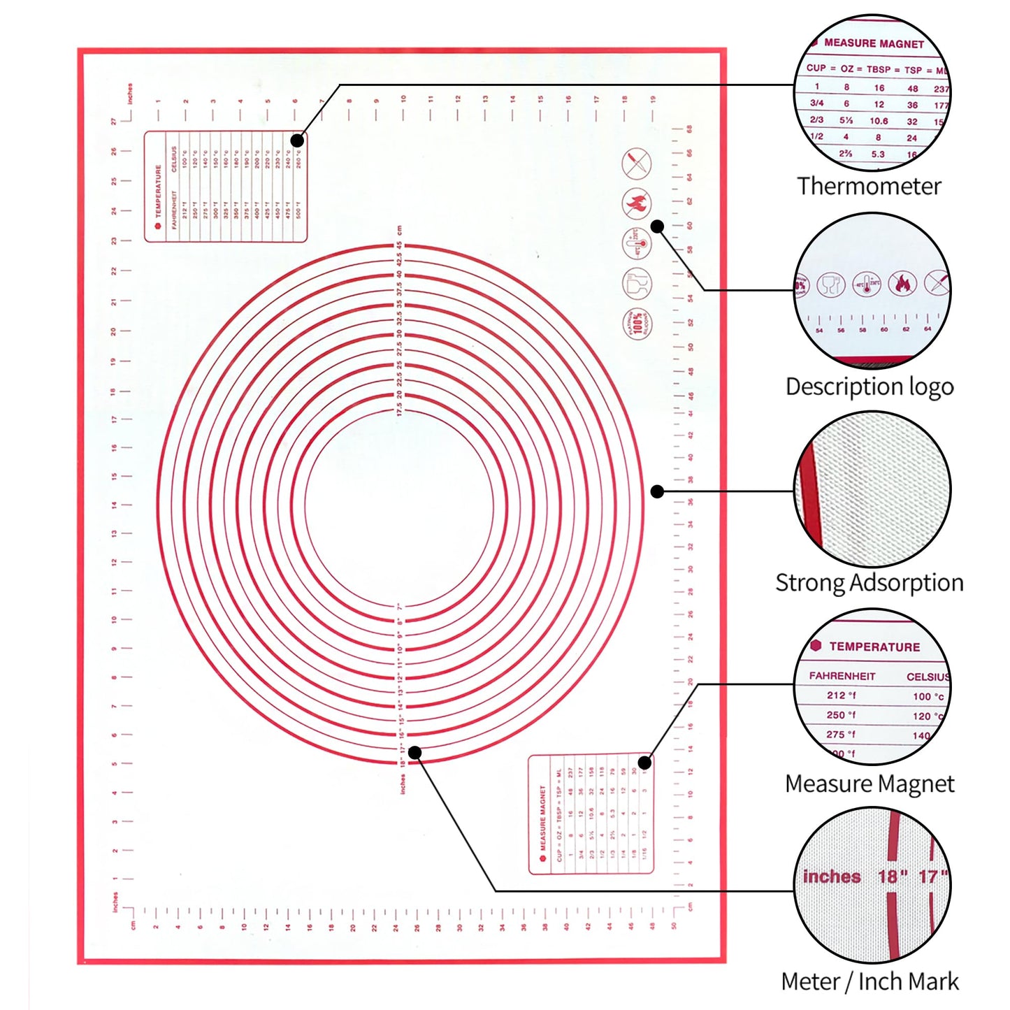 Silicone Baking Mat Super Large, 32x24 inch Silicone Pastry Non Stick Kneading Mat with Cable Ties and Dough Scraper, Measurement Food Grade Silicone Mat for Rolling Dough
