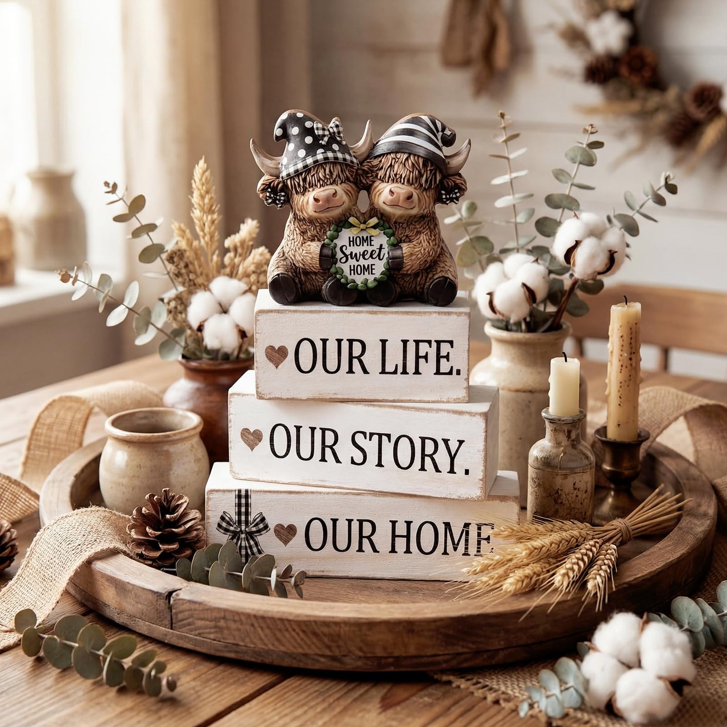 Yousoontic 4 Pcs Rustic Wooden Highland Cow Figurines Set, Farmhouse Table Decor Home Sweet Home Stackable Centerpiece for Entryway Tiered Tray Shelf Living Room Office Decor, Housewarming Gift
