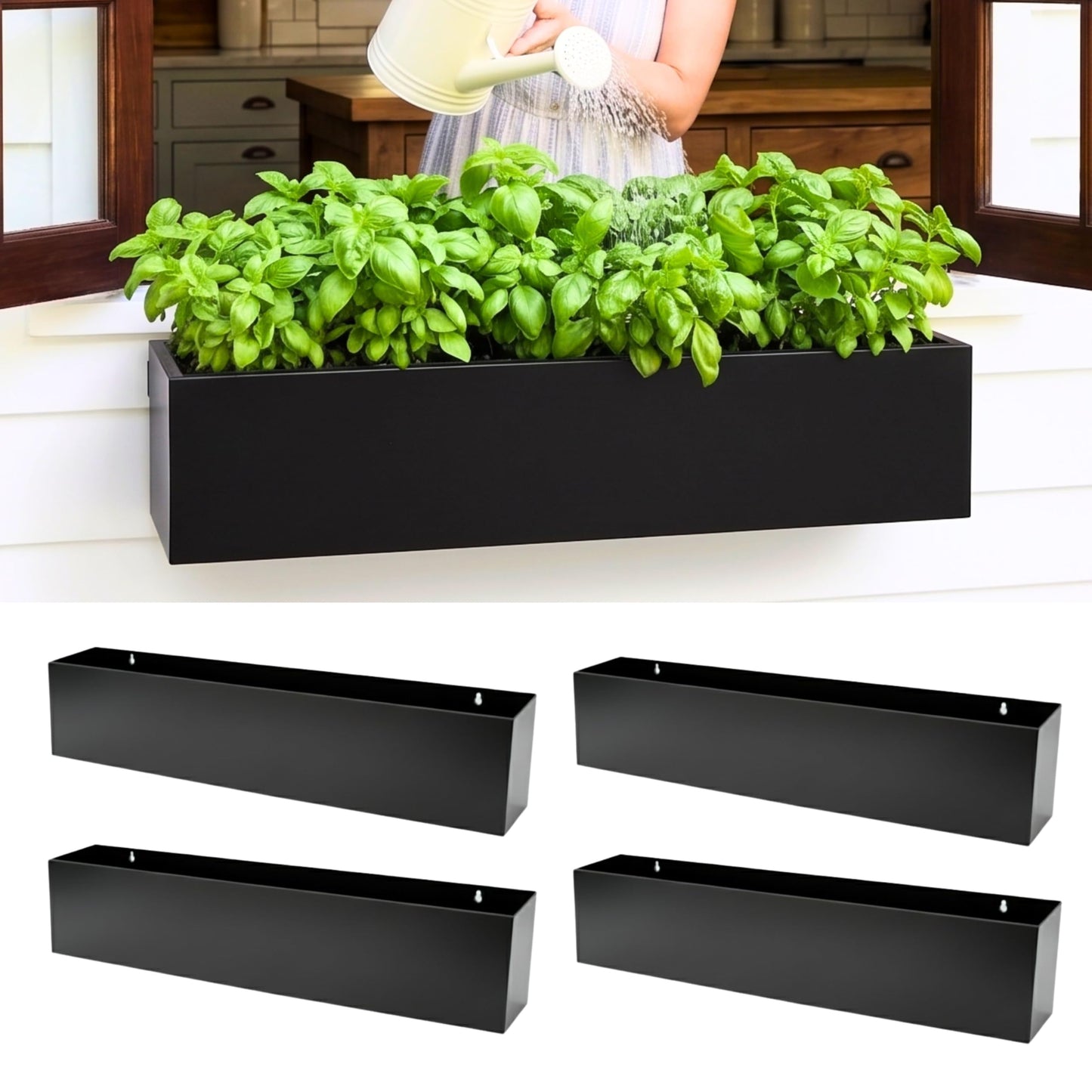 LaLaGreen Wall Planters for Outdoor Plants (30 Inch, 4 Pack) Carbon Steel Black Metal Hanging Flower Pots Outdoor for Succulents, Wall Mount Rectangular Long Window Sill Box Fence Deck Garden Decor