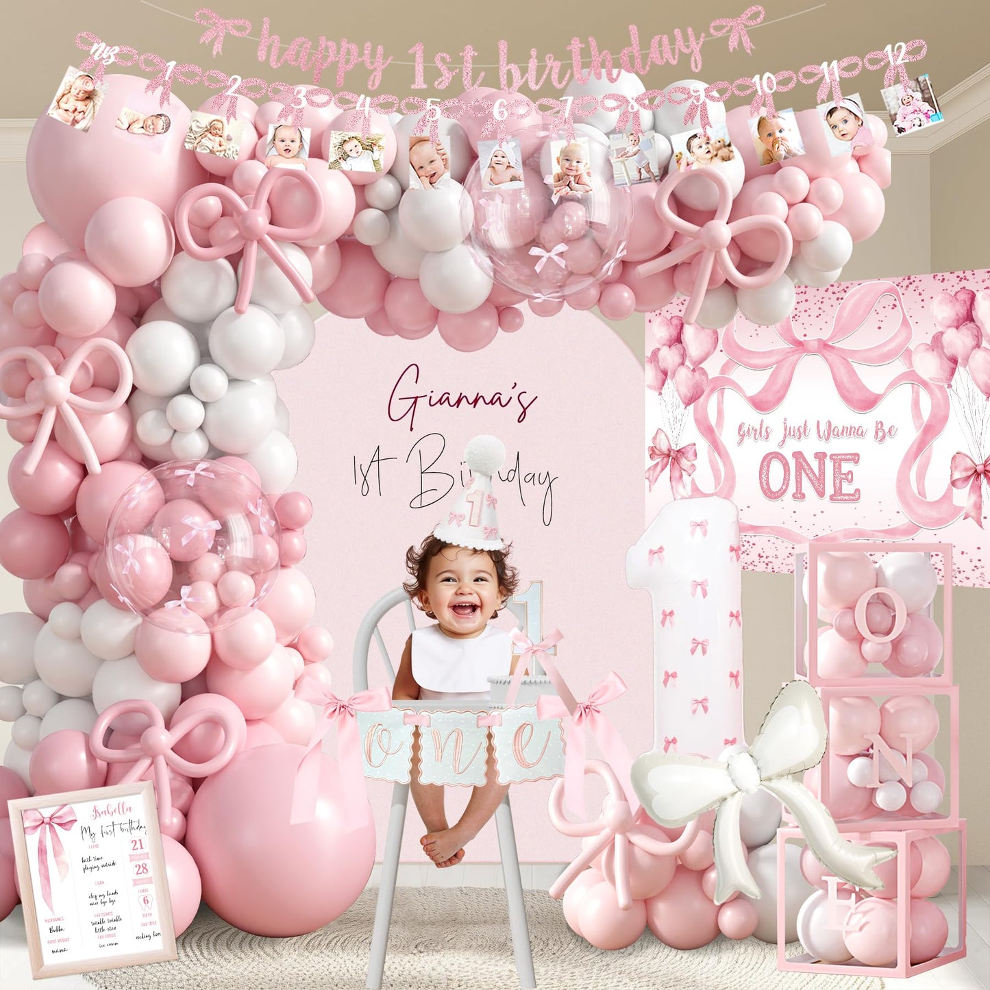 Pink Bow 1st Birthday Decorations, First Birthday Party Supplies for Girl, Pink White Balloon Arch Balloon Box Girls Just Wanna Be One Backdrop High Chair Banner