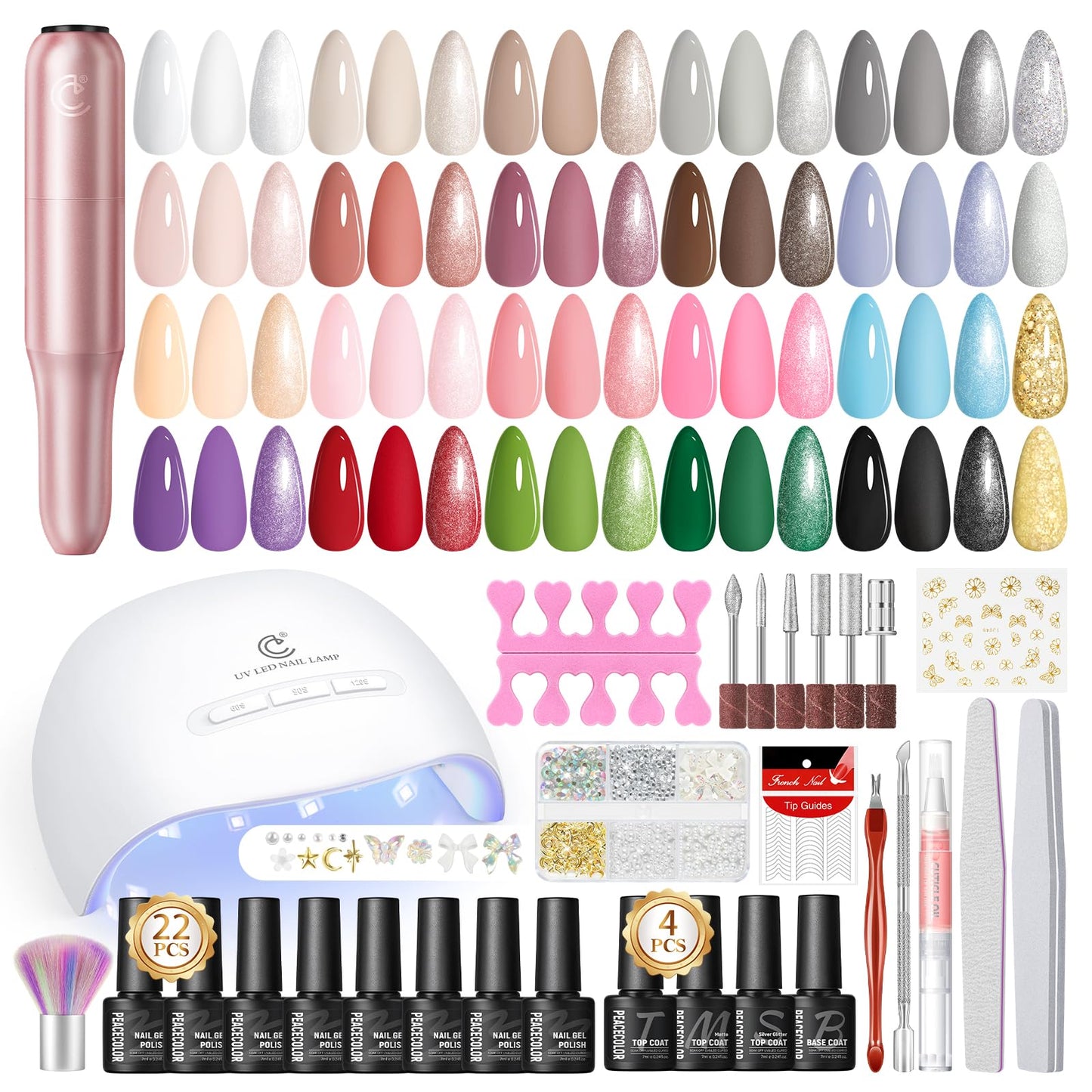 PEACECOLOR Gel Nail Polish Kit with U V light and Drill - 39Pcs Gel Nail Kit 22 Colors All Season Gel Polish Set with Base Matte Glossy Glitter Top Coat Soak Off Manicure Set Women Teens Girl Gifts