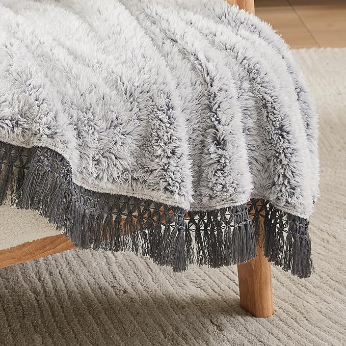 EMME Fuzzy Blanket Soft Fleece Throw Blankets for Women, Fluffy Sherpa Throws(Tassel Grey,108"x90")