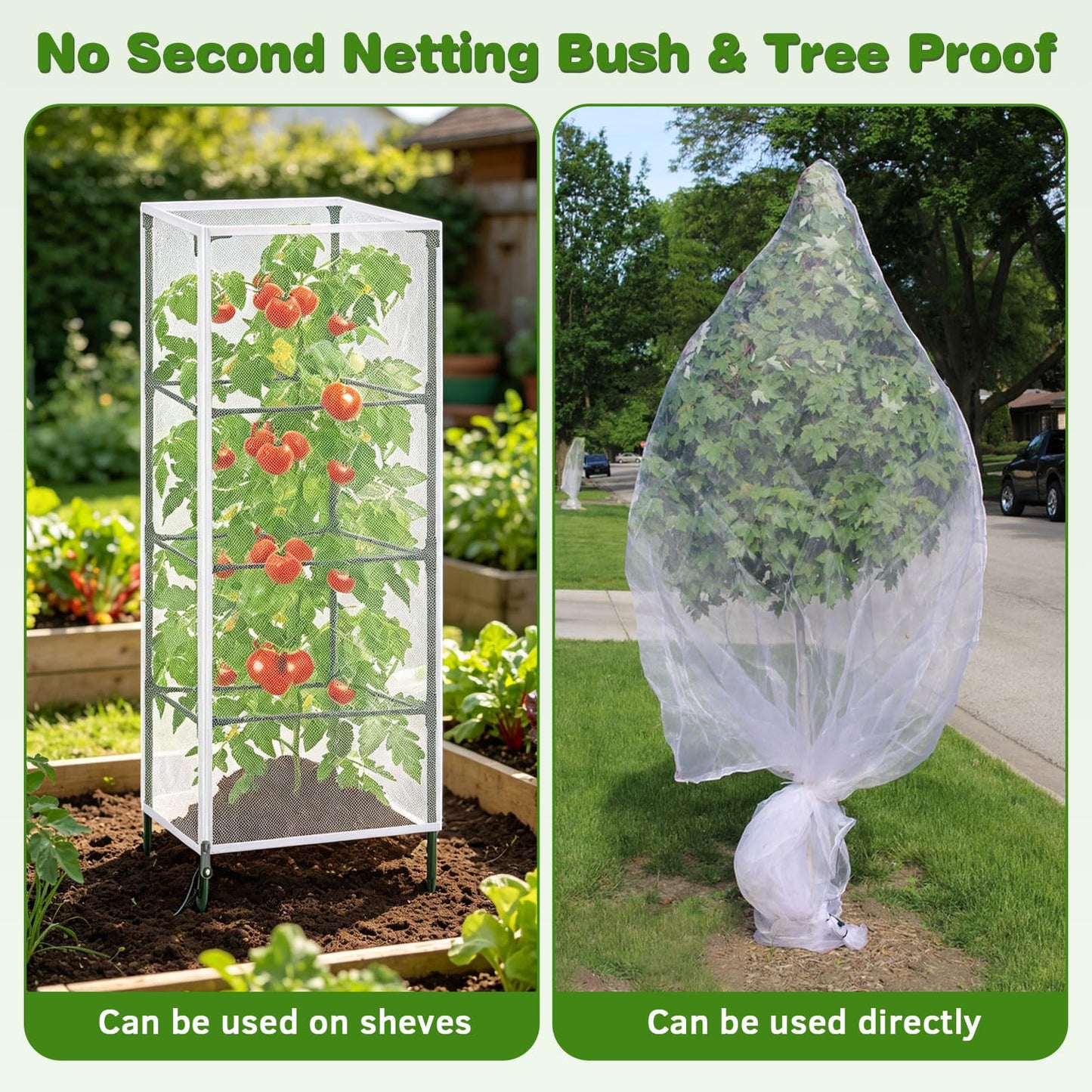 3 Pack Tomato Netting for Garden Protection, 59x18x18 inches Ultra-Fine Mesh Plant Netting Cover for Square Tomato Cage, Bird,Pest & Small Animal Barrier with Zipper & Drawstring