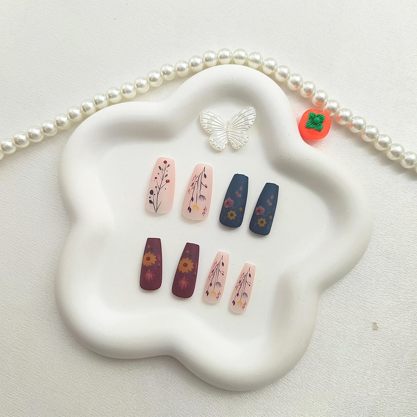 Press On Nails Medium Coffin Fake Nails with Floral Designs Blue Nails Matte Glue on Nails 24Pcs