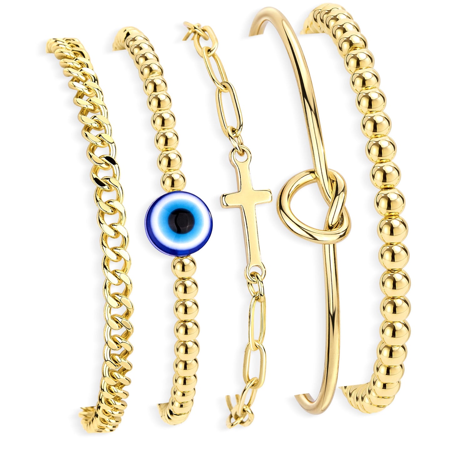 Poxtex Gold Plated Bracelets for Women, Dainty Bracelets for Women Trendy Stack With Heart, Beaded, Cuban, Paperclip, Cross, CZ Chain, Evil Eye Chain