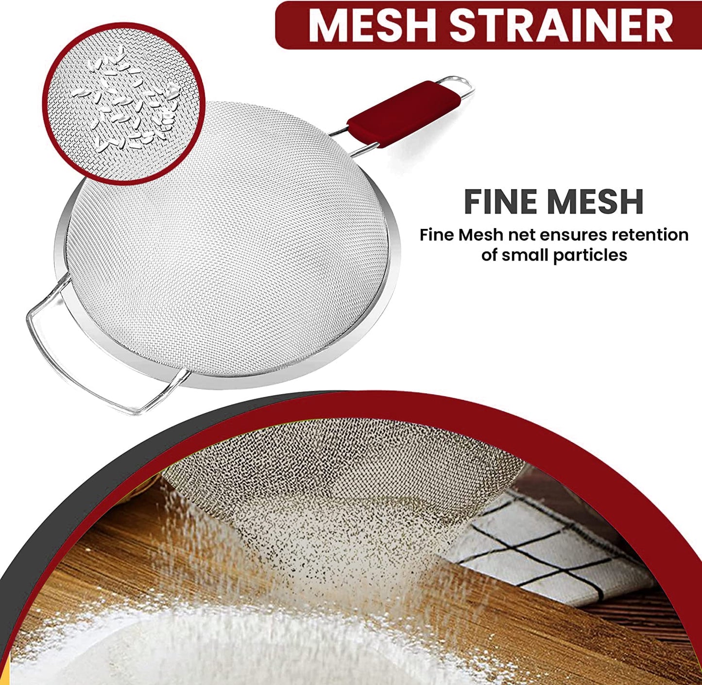 Kafoor 9" Large Extra Fine Mesh Strainer with Thermo Plastic Rubber Handle - Sieve Fine Mesh Stainless Steel - Ideal to Strain Pasta, Quinoa and Rice