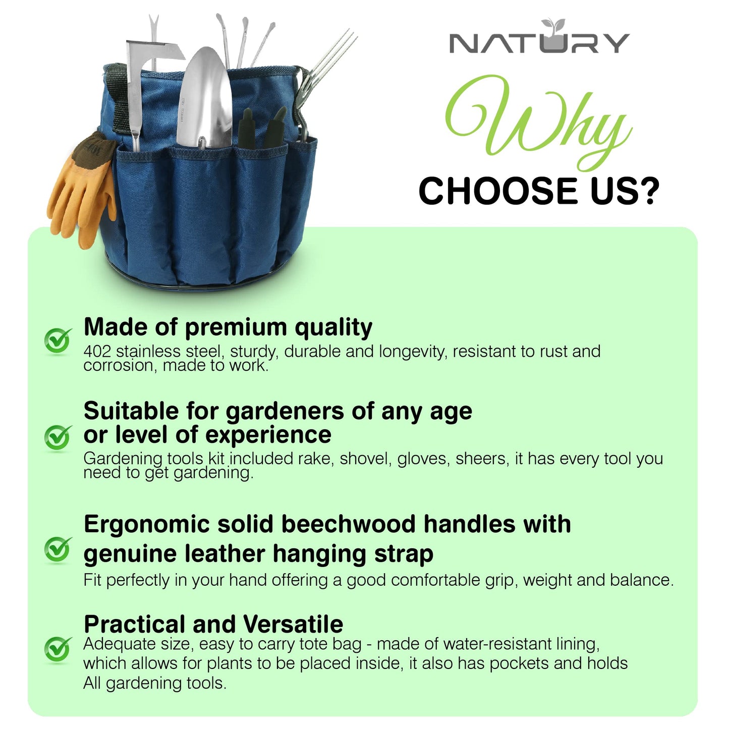 Natury Garden Tools Set – Premium Stainless Steel Gardening Hand Tools with Solid Beechwood Handle – Gardening Kit with Rake, Shovel, Gloves, Shears, Tool Organizer – Garden Gifts for Women and Men