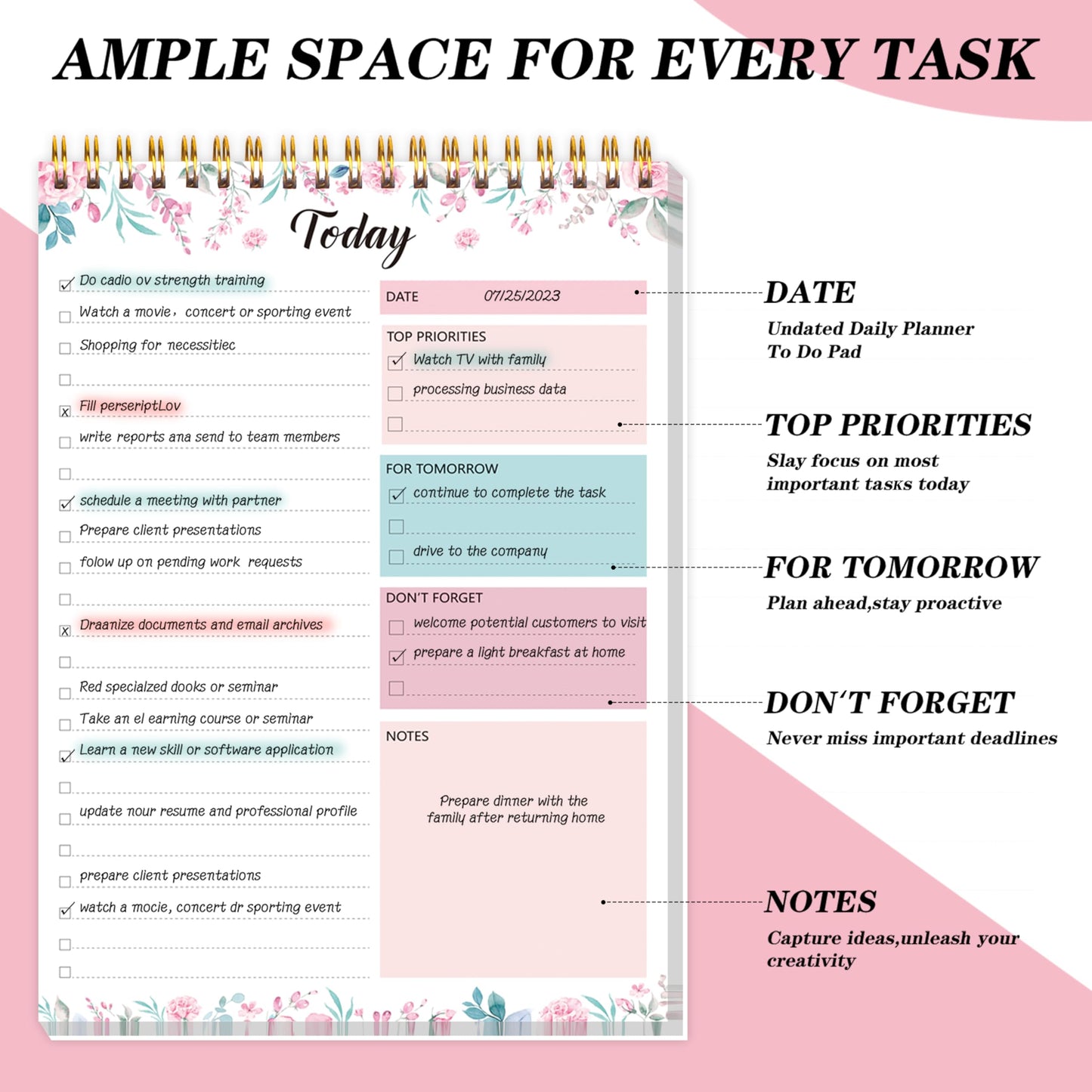 To Do List Notepad - Daily Planner Notepad 104 Pages Task Planner, 6.7" x 9.8" Double Sided Spiral Notebook with Checklist Productivity Planning Pad for Work Office Home-Pink