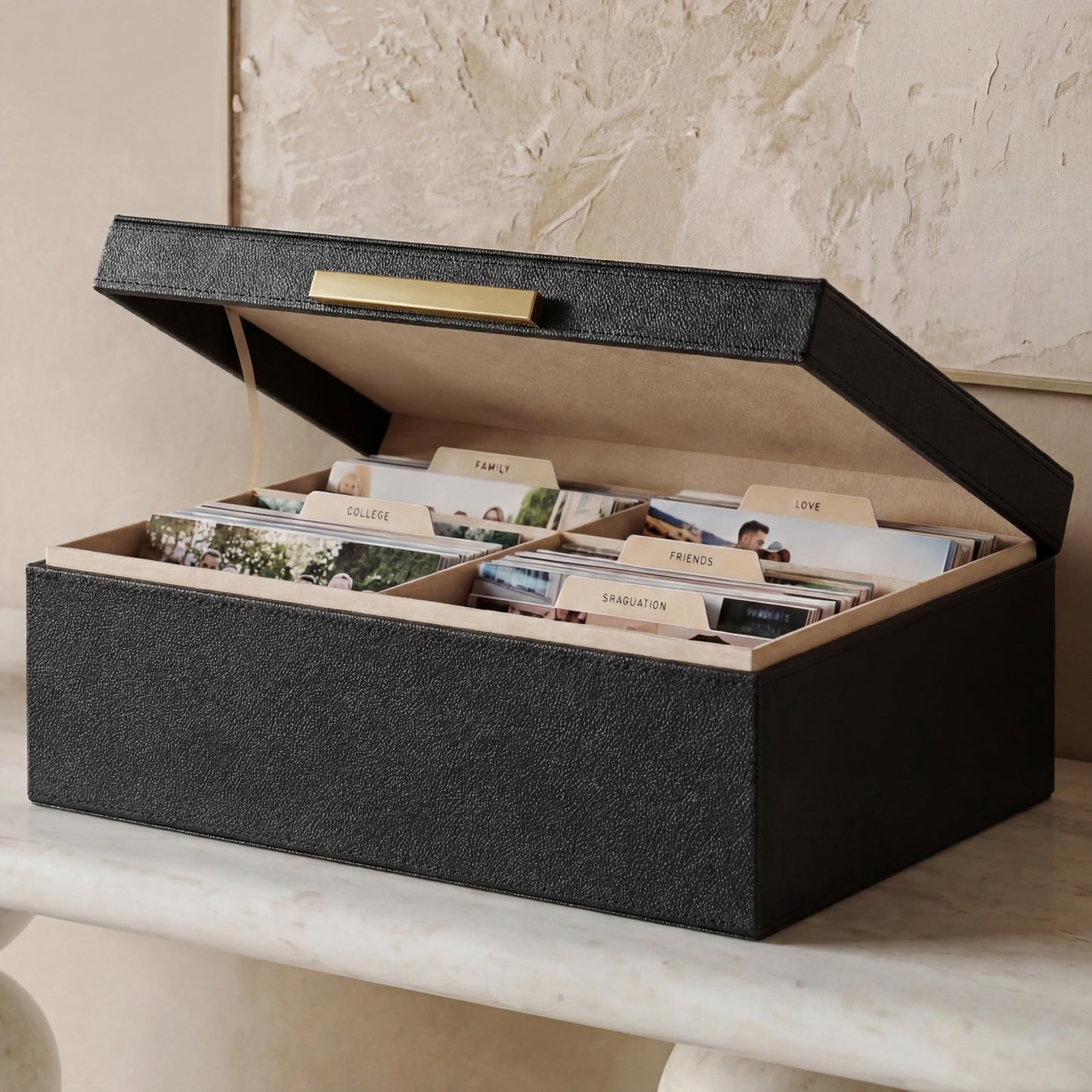 ZICOTO Decorative Photo Storage Box - Sturdy PU Leather Photo Organizer with Dividers is Perfect to Store Up to 1200 Pictures and 4x6 Photos - Portable Scrapbook Storage Containers with Lid