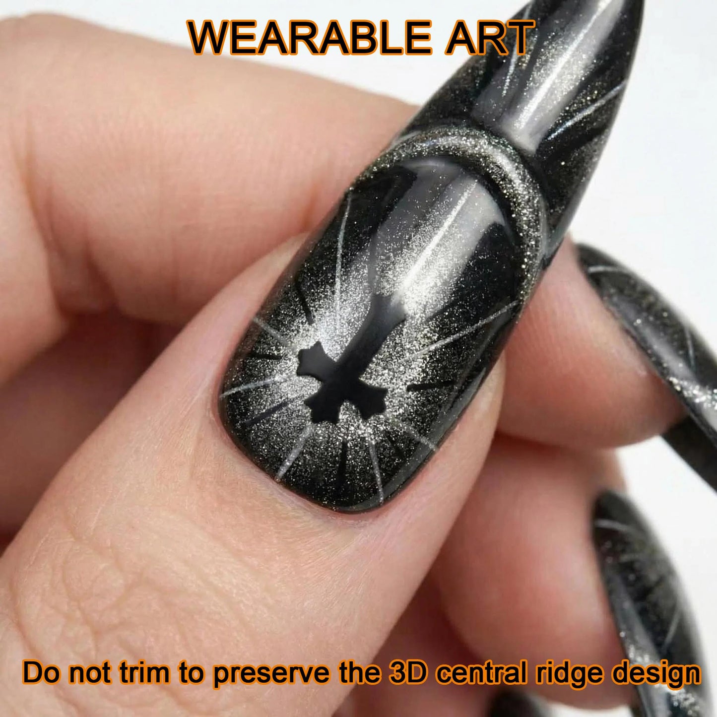 Handmade Gothic Press On Nails 1.6in Ultra Long Stiletto (Narrow Fit for Petite/Average Nail Beds) - 3D Silver Cat Eye Black Fake Nails, Reusable Y2K Stick On Nails 20Pcs