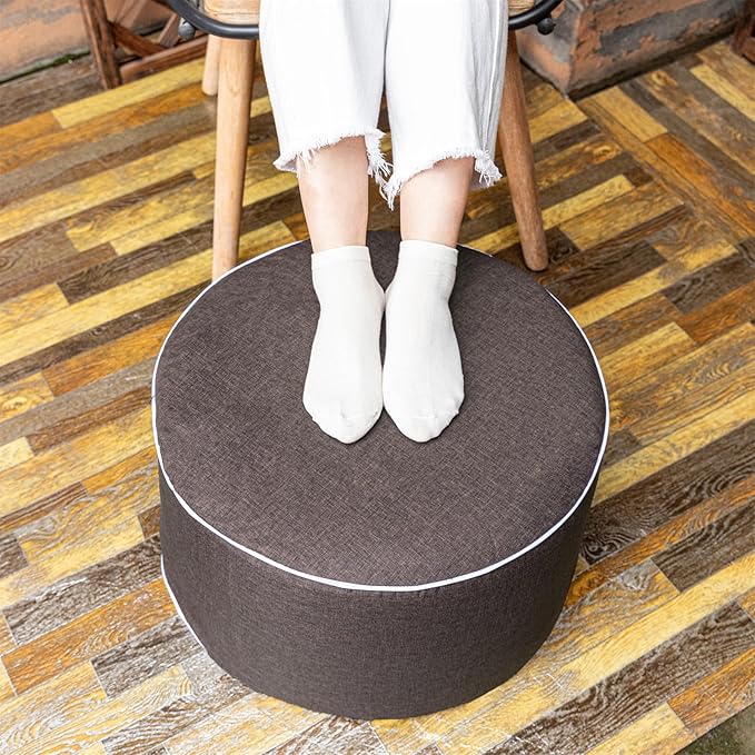 Asuprui Outdoor Indoor Foam Stuffed Ottoman Waterproof Round Ottoman Footrest Stool Diameter 20x Height 12 Inches Boho Foot Rest for Patio Living Room Porch Outdoor Seating Garden Camping Dark Coffee