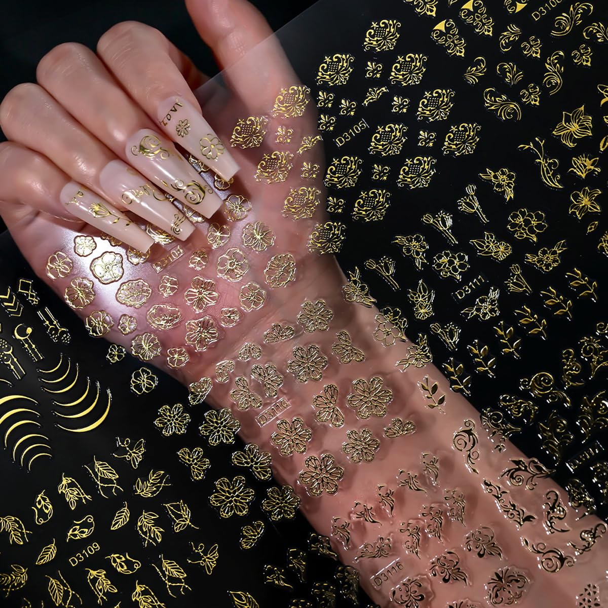30 Sheets Gold Nail Art Stickers Lace Flower 3D Self Adhesive Leaf Nail Decals Hollow Retro Floral Nail Sticker Baroque Court Supplies for Women DIY Manicure Nail Art Decoration Accessories