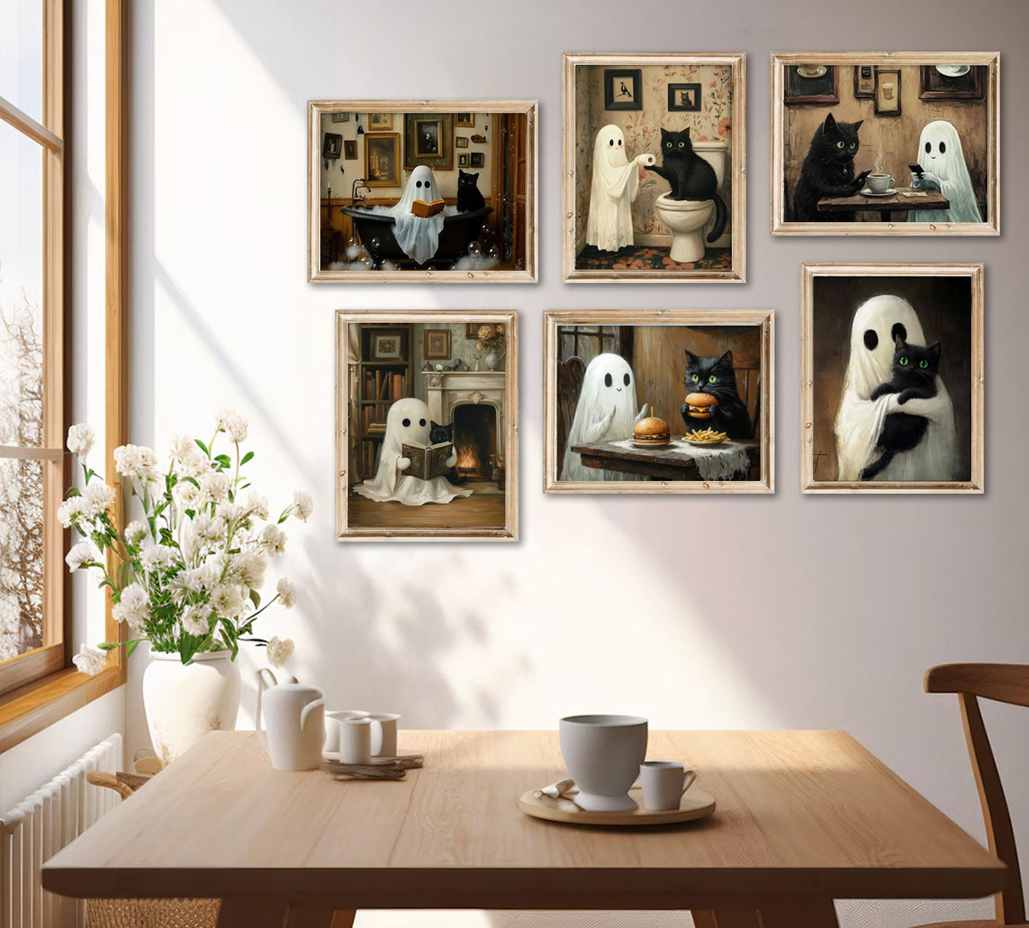 6Pcs Halloween Ghosts Wall Art Ghost Black Cat Funny Gothic Wall Decor Pictures Retro Horror Creepy Dark Academia Poster Prints for Bedroom Gallery Bar Home Decoration 8x10in Unframed
