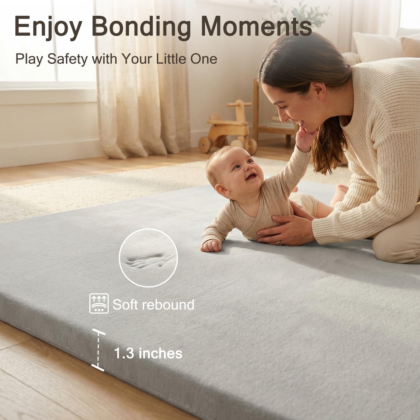 Funyoo 79" ×71" Padded Baby Play Mat for Floor, 1.3" Thick Machine Washable Foam Playmat, Soft Tummy Time Crawling Playpen Mat with Non-Slip Bottom, Fits 79" x71" Playpens