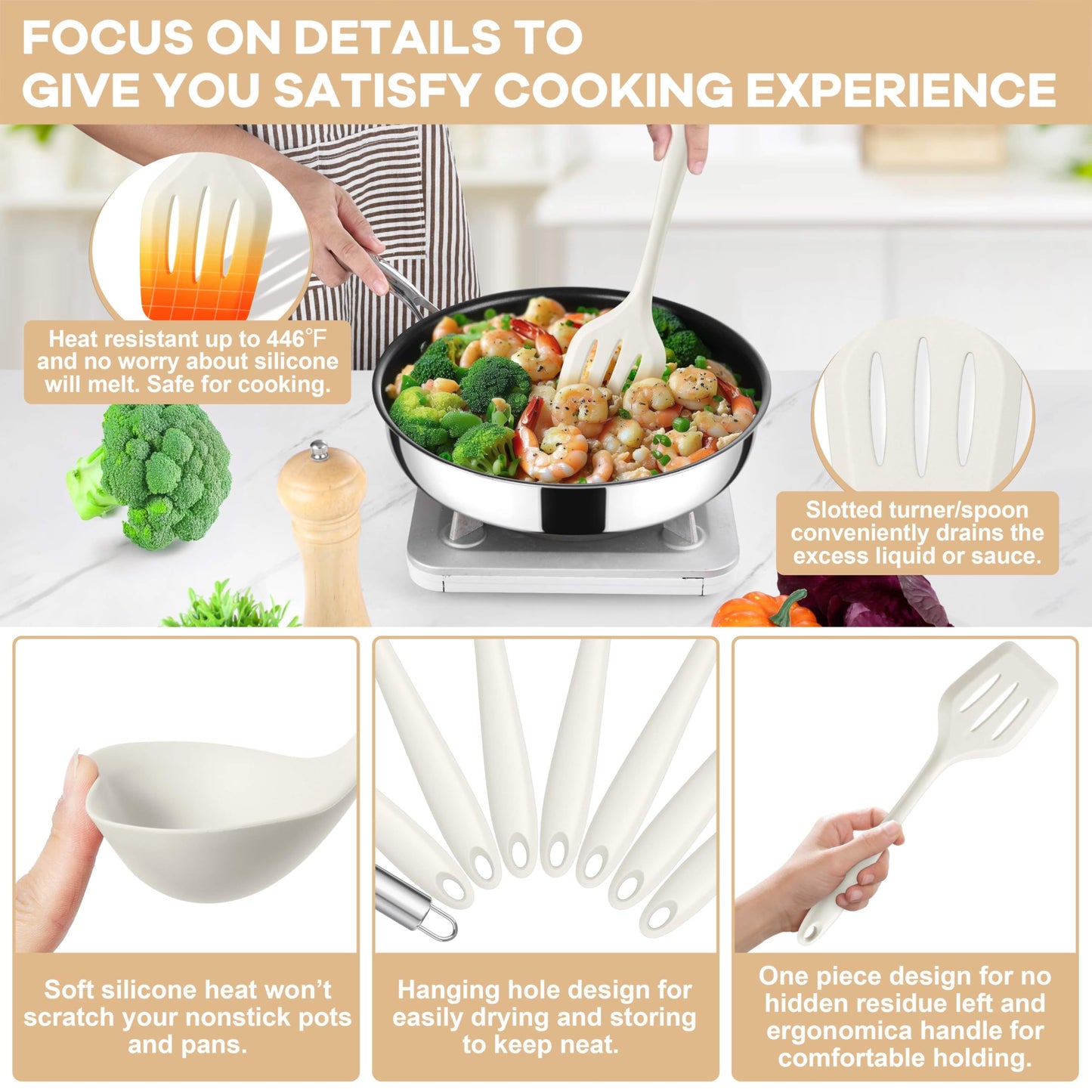 TeamFar 8 PCS Silicone Cooking Utensils - 446°F Heat Resistant Kitchen Silicon Utensils Set, Turner, Spatula, Spoon, Whisk, Kitchen Cooking Gadgets Tools for Nonstick Cookware, Dishwasher Safe-White