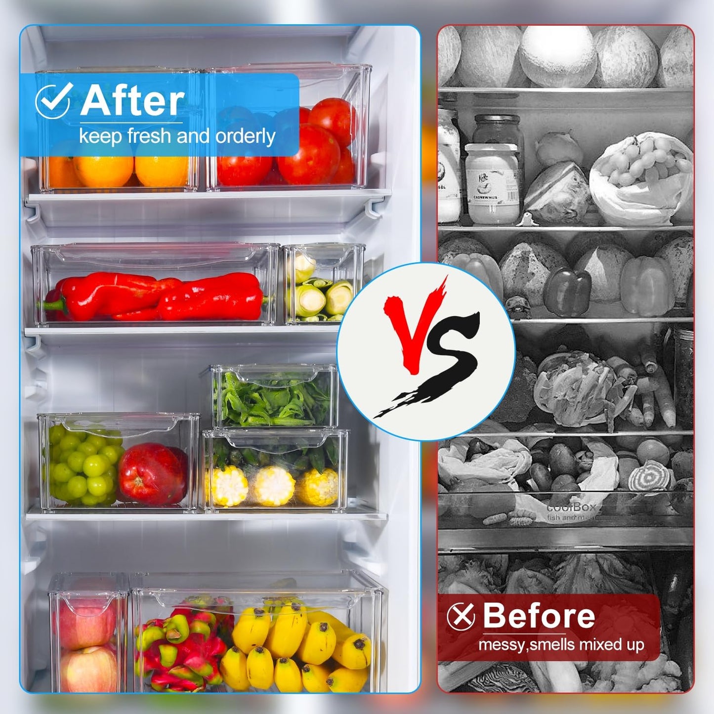 Pure Future 10-Pack Clear Fridge Organizer Containers with Lids, Stackable BPA-Free Refrigerator & Produce Storage Containers with Drain Tray & Anti-Slip Base for Fruits, Veggies & Drinks