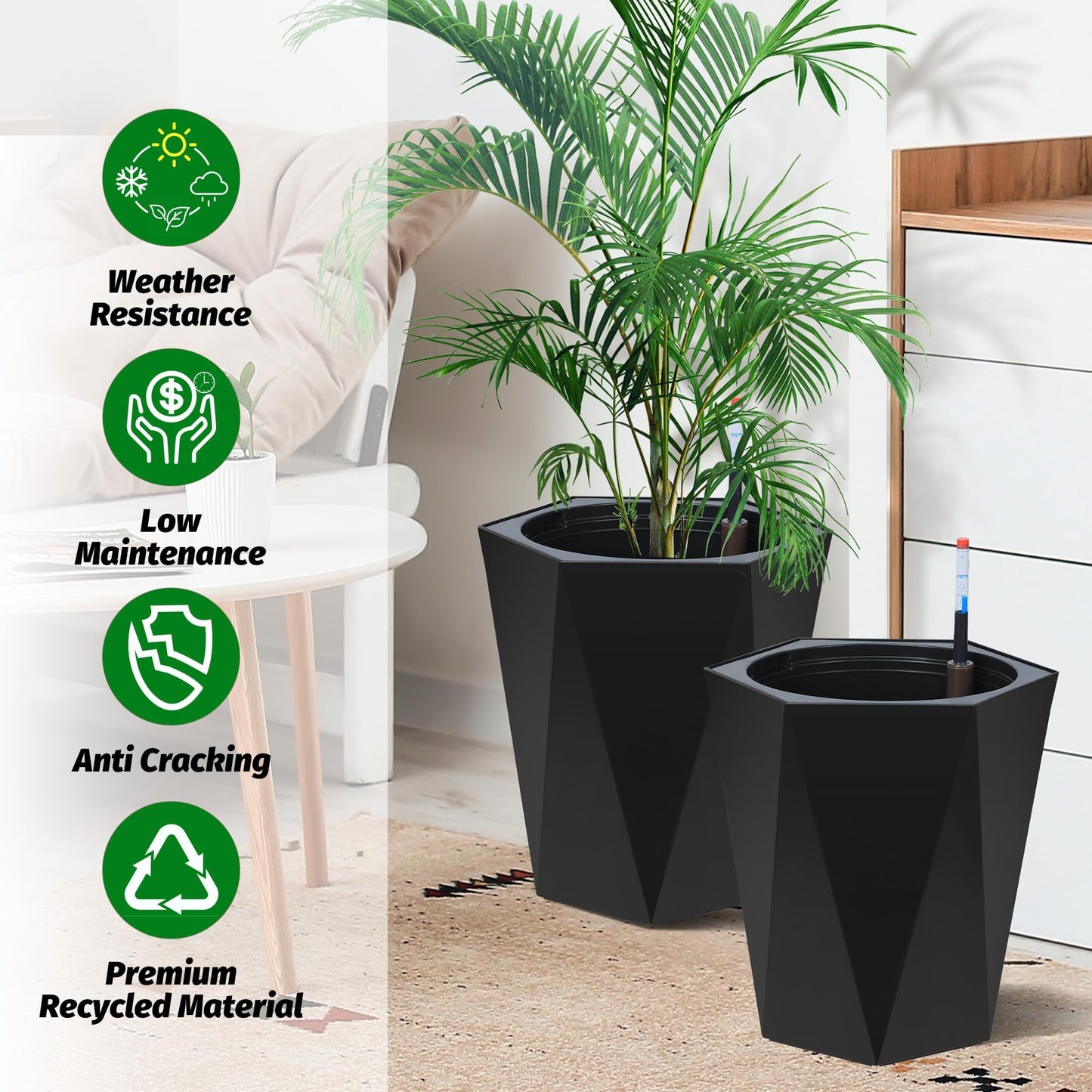 16" Black Tall Planters Outdoor Set of 2, Large Black Flower Pots Outdoor with Drainage Holes & Automatic Watering System, Modern Large Resin Planters for Outdoor Plants, Front Porch, Deck, Diamond