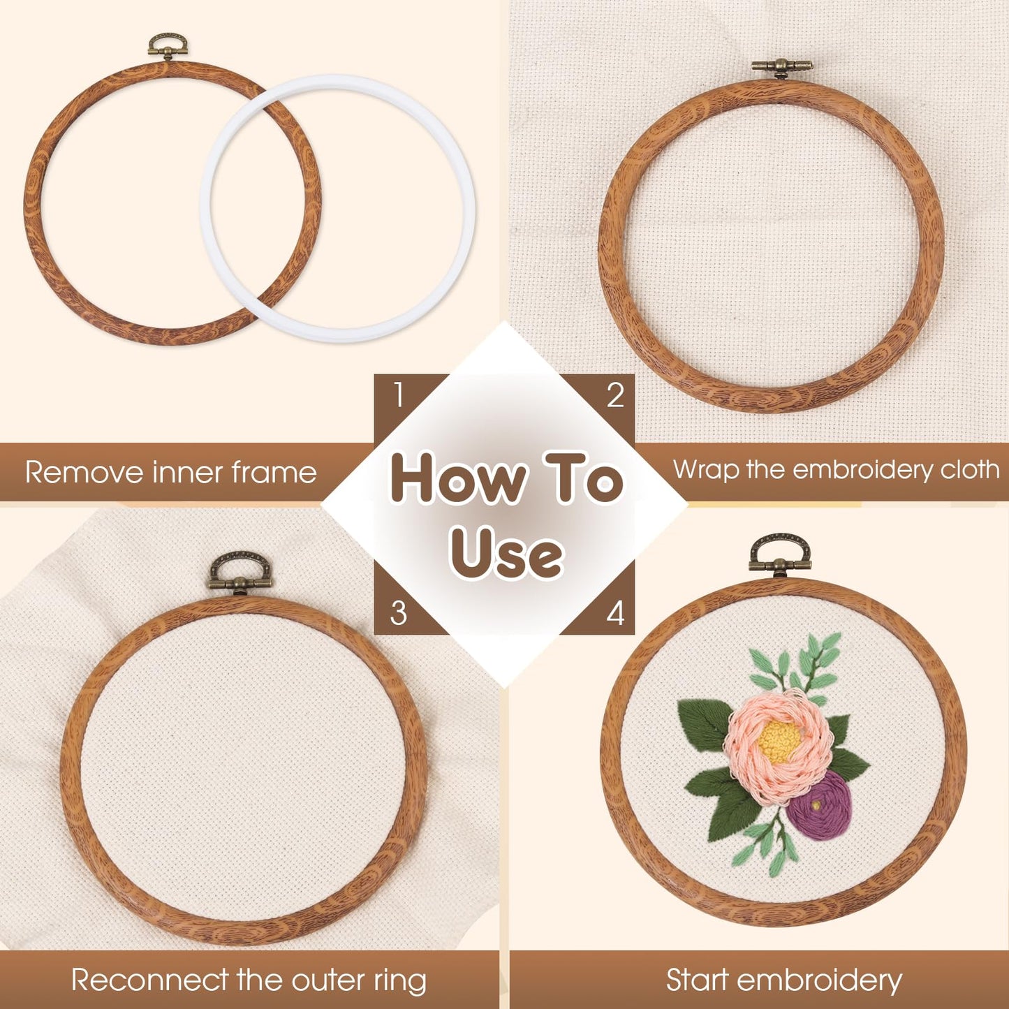 15 Pcs 3 Inch Embroidery Hoop Set, Imitation Wood Rubber Cross Stitch Hoops, Round Sewing Frames for DIY Crafts, Art Projects, and Gift Making