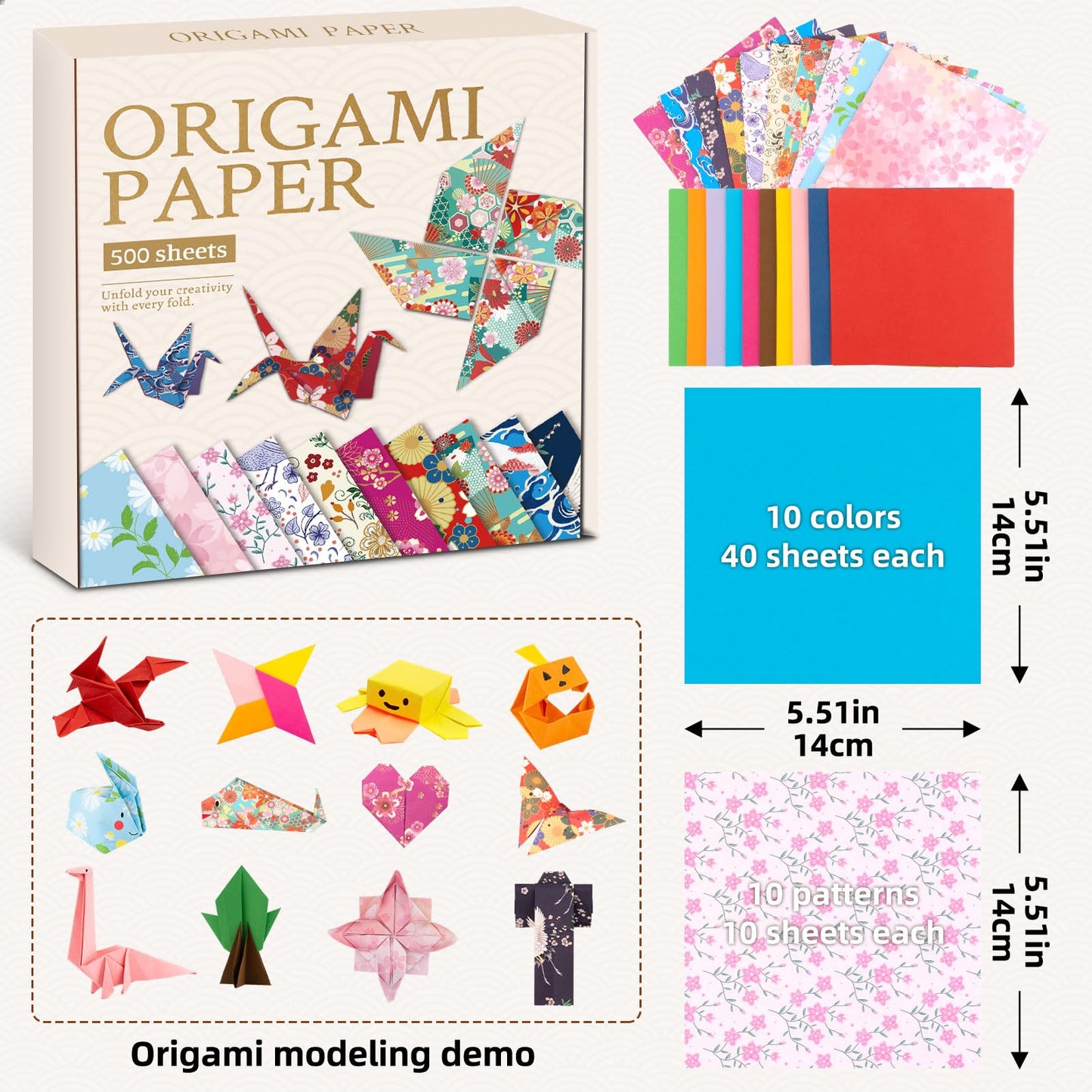 DoodleDoo Origami Paper Kit, Japanese Style Patterns Double Sided Color Origami, 500 Sheet Folding Paper Set, Gift for Kids Boys Girls