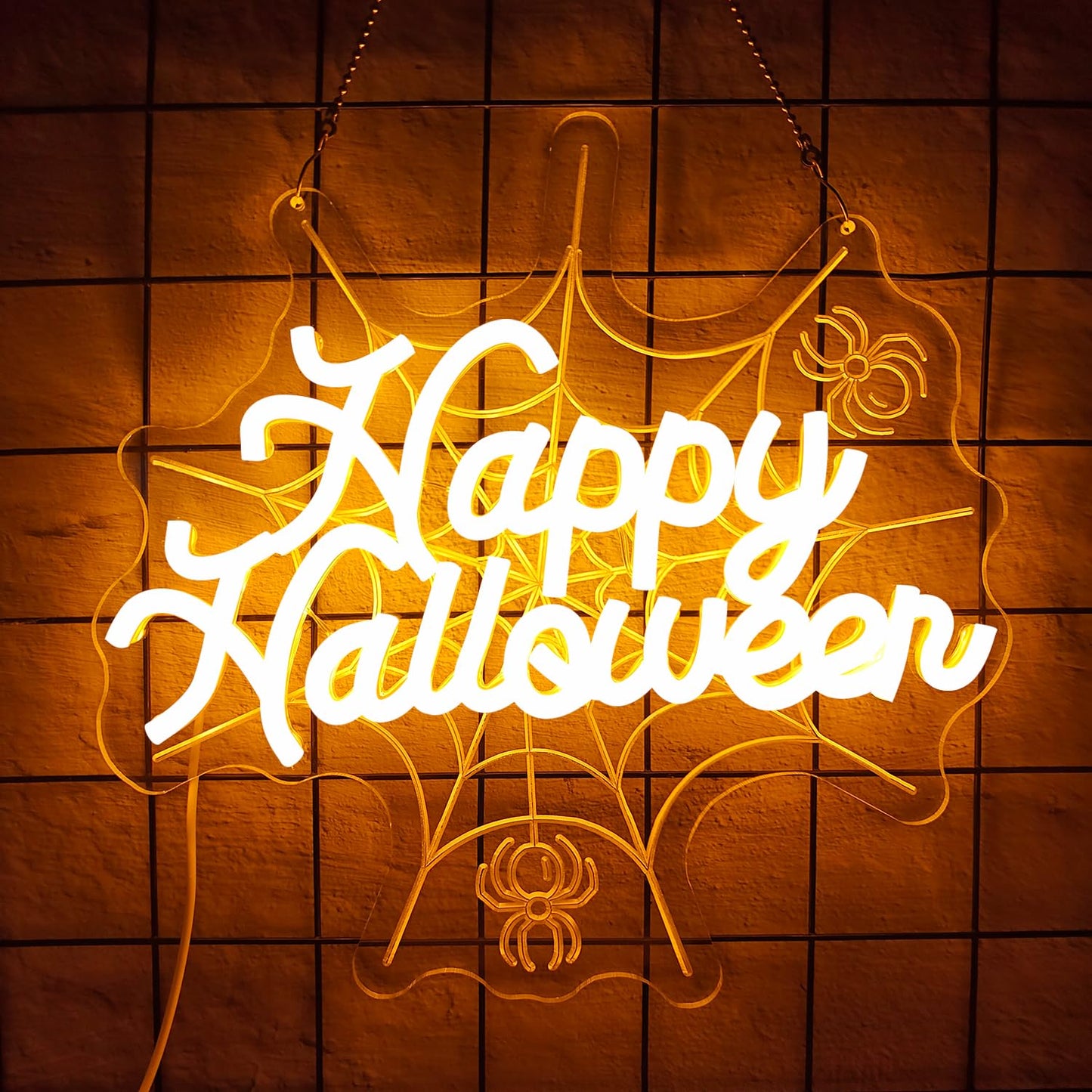 hhuohuona Happy Halloween Neon Sign Dimmable Neon Halloween Sign 3D Spider Web With Glowing Happy Halloween Led Window Lights Gothic Light Up Sign for Party