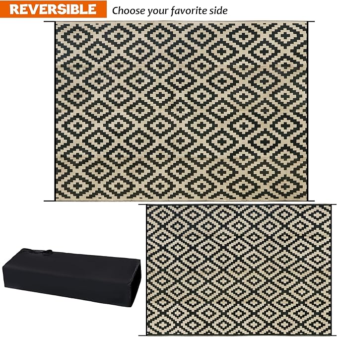 SAND MINE Reversible Mats, Plastic Straw Rug, Modern Area Rug, Large Floor Mat and Rug for Outdoors, RV, Patio, Backyard, Deck, Picnic, Beach, Trailer, Camping, Black & Beige, 10' x 14'