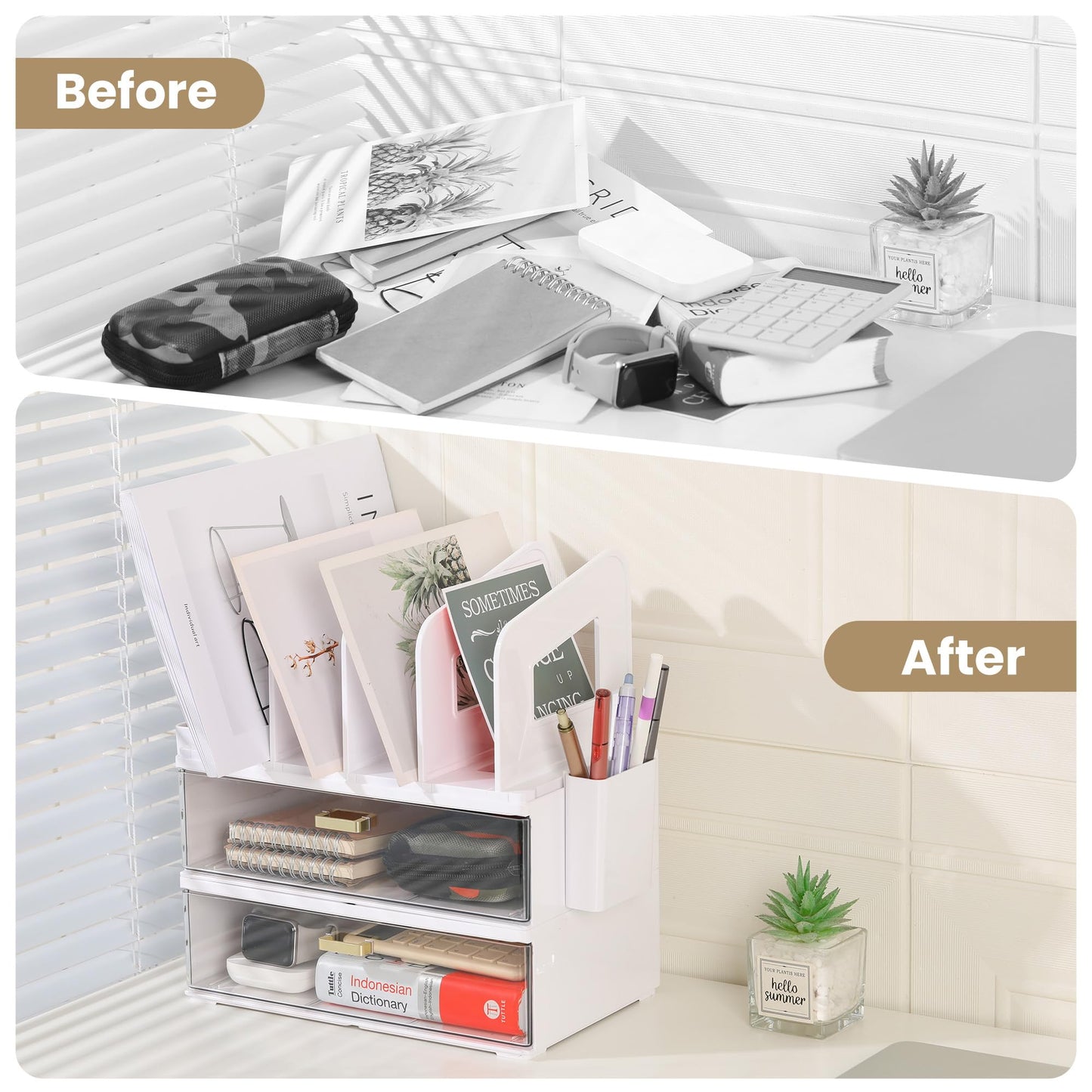 LALOBLUE White Acrylic Desk Organizer with Drawer & File Holder, Stackable Modular Storage System, Multi-Layer Desktop Organizer, Space Saving Desk Organizer for Home Office & Study