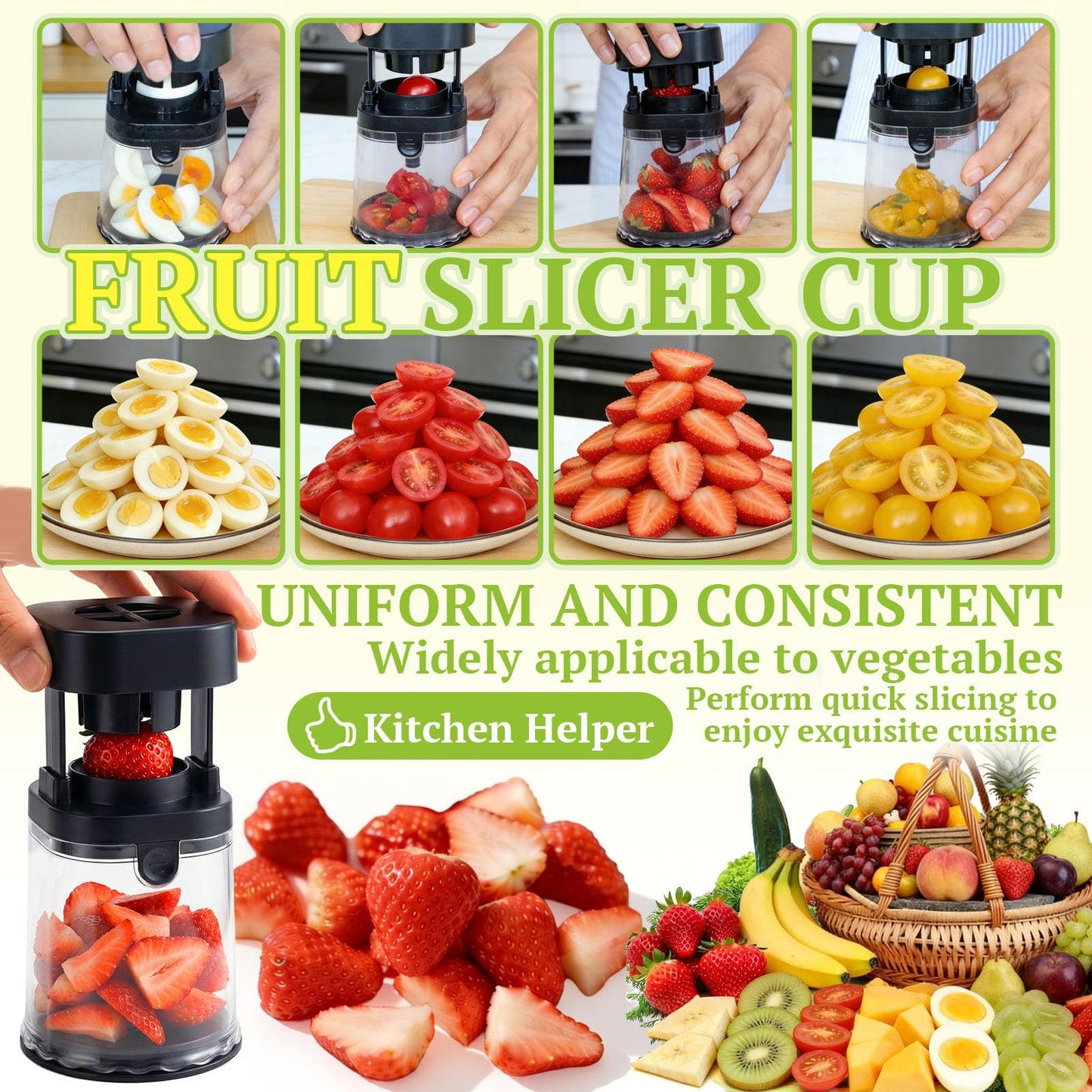 Hendiy Fruit Slicer Cup, Strawberry Slicer Grape Cutter Cup Fruit Slicers Stainless Steel Egg Slicers, Strawberry Cutter Kitchen Gadgets Speed Cutters for Banana Grape Egg