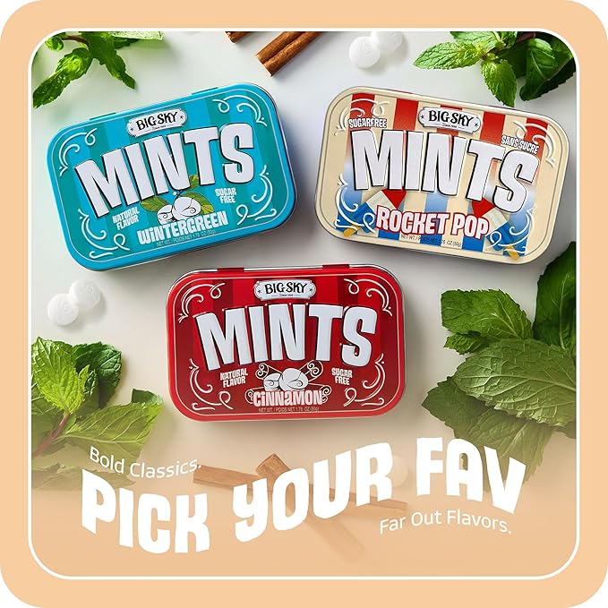 Big Sky Sugar Free Mints Rocket Pop | No Artificial Colors or Flavors | Kosher, Vegan, Gluten Free | Aspartame & Xylitol Free | 50 Count Tin (Pack of 6)