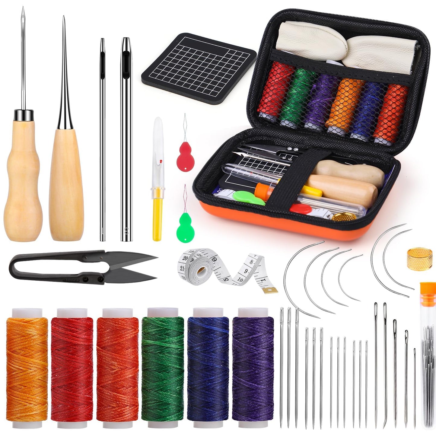 MORFEN Leather Sewing Kit Upholstery Repair Kit Leather Stitching Kit with Hole Punch, Waxed Thread, Sewing Awl, Upholstery Needles, Leatherworking Tools for Hand Stitching Furniture, Car, Sofa