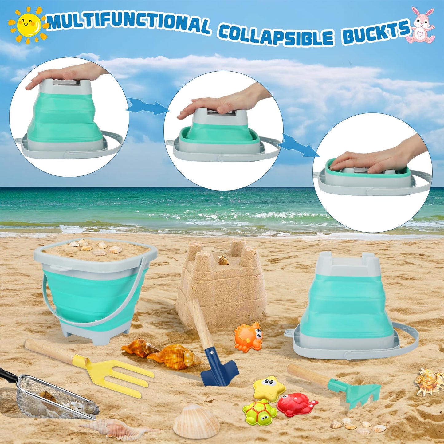 Mototo 12 Pack Beach Toys Set, Collapsible Beach Toys Included Foldable Bucket with Handle Sand Scooper Seashell Bag Mesh Shovel Hand Rake Fork Sand Sifter for Picking Up Shells Vacation Outdoor Play