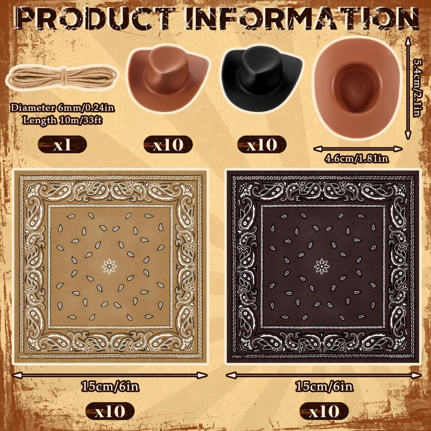 Leitee 20 Sets Mini Cowboy Hats for Crafts Plastic Tiny Cowgirl Hat with Bandanas for Western Cowboy Party Decoration(Brown, Black)