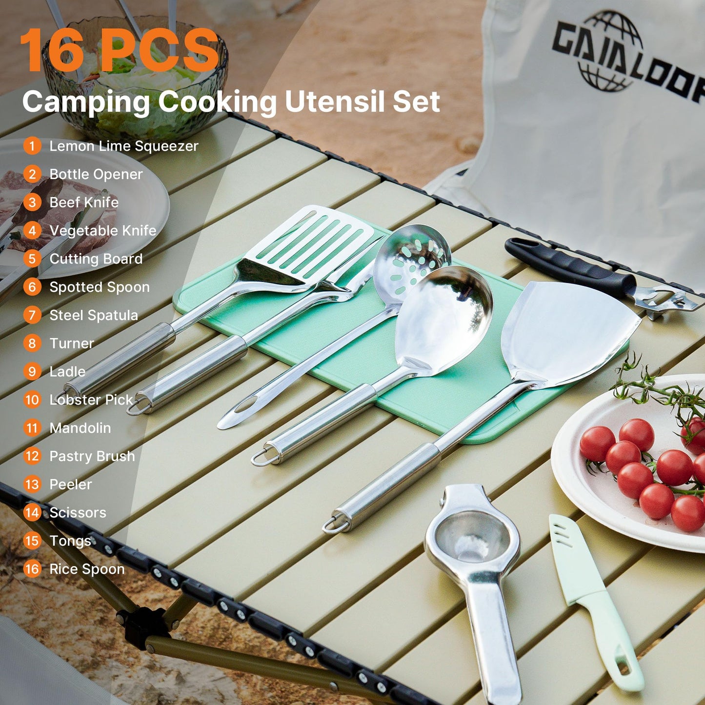 GAIALOOP Camping Cooking Utensils Set 16 PCS Camp Kitchen Cookware Kit with Organizer Bag, Portable RV Camping Essentials Camper Must Haves for Cookouts Open Fire Pit