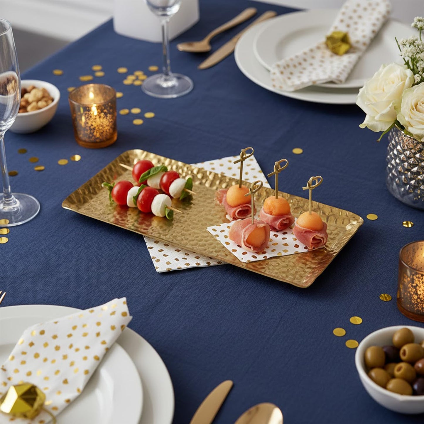 Celmuron Hammered Rectangular Platter Serving Tray, Gold Stainless Steel Decorative Storage Tray, 9.8 x 4.3 Inch