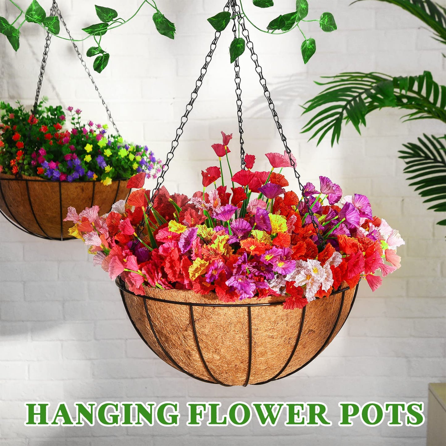 Roowest 4 PCS 16 Inch Metal Hanging Planter Basket Flower Holder Hanging Pots with Coconut Fiber Coir Liners Wire Chain Round Planter Plant Hanger for Indoor Patio Garden Home Balcony Decor